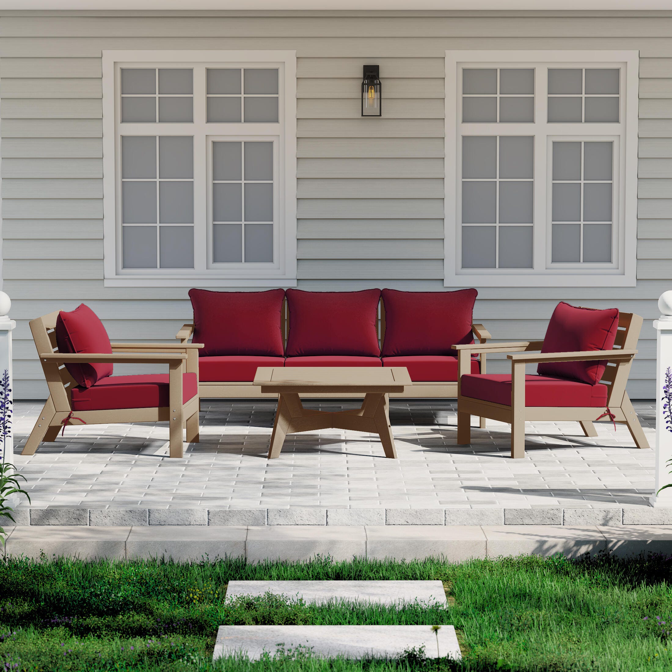 Westin Furniture Birchwood Solid Outdoor Sofa and 2 Chairs with Coffee Table, Maroon, rollover
