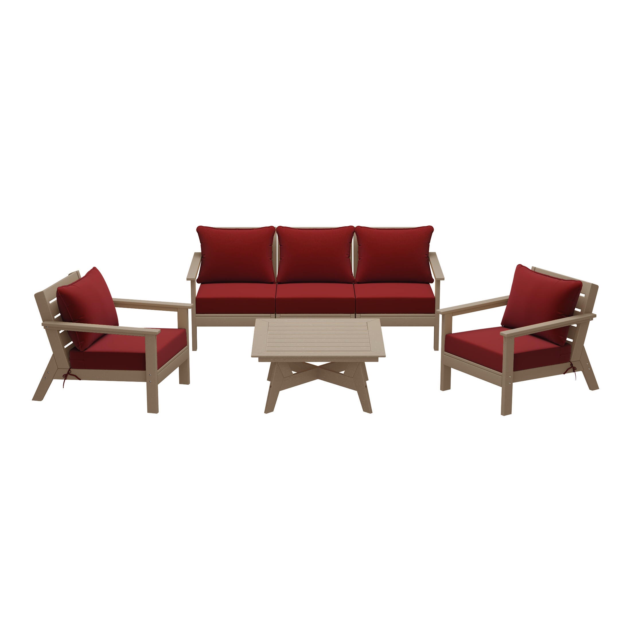 Westin Furniture Birchwood Solid Outdoor Sofa and 2 Chairs with Coffee Table, Maroon, large