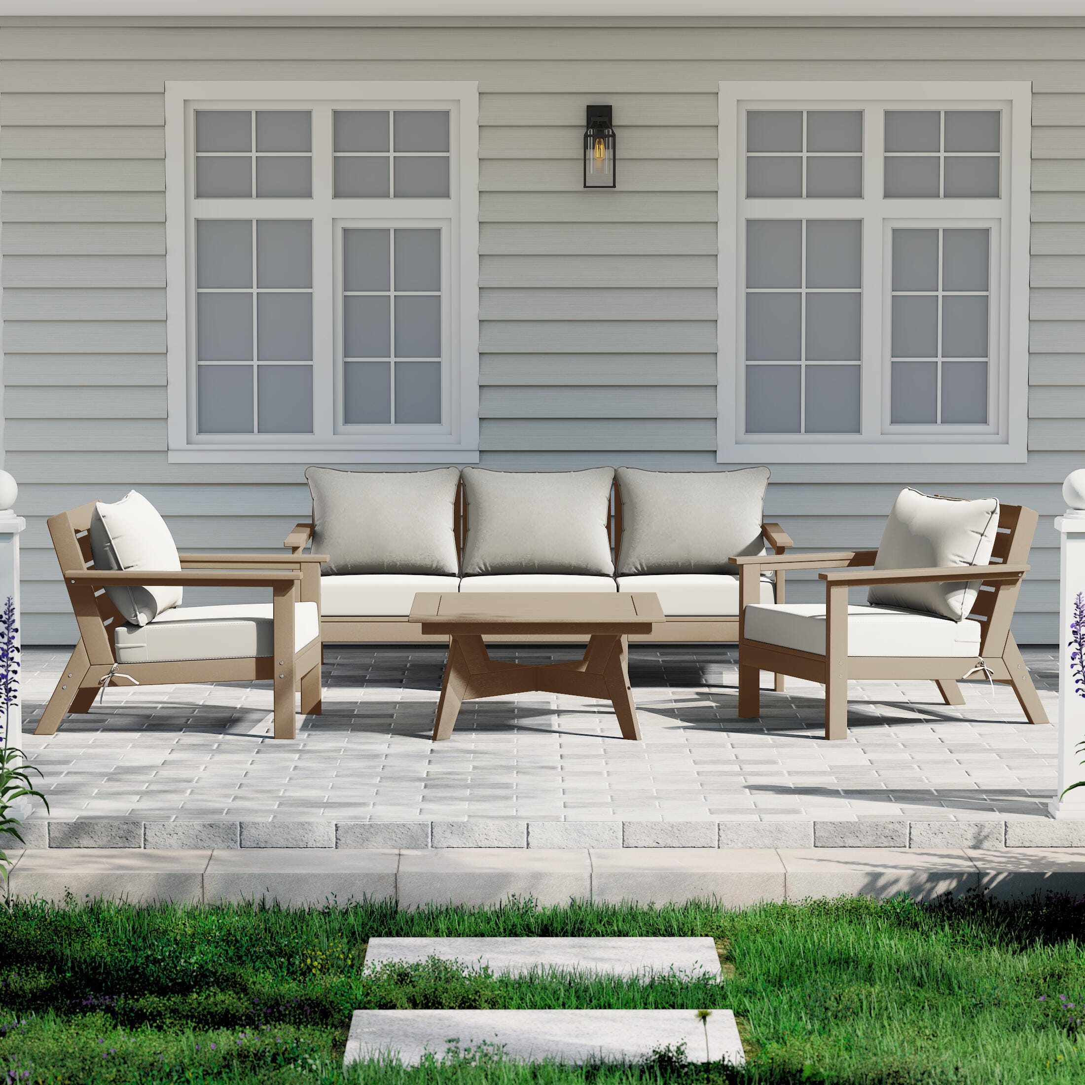 Westin Furniture Birchwood Solid Outdoor Sofa and 2 Chairs with Coffee Table, Cream, rollover