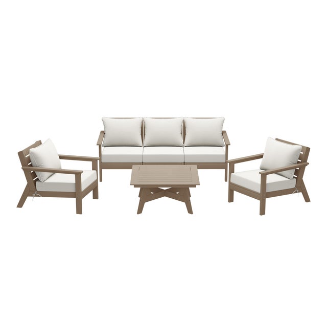 Westin Furniture Birchwood Solid Outdoor Sofa and 2 Chairs with Coffee Table, Cream