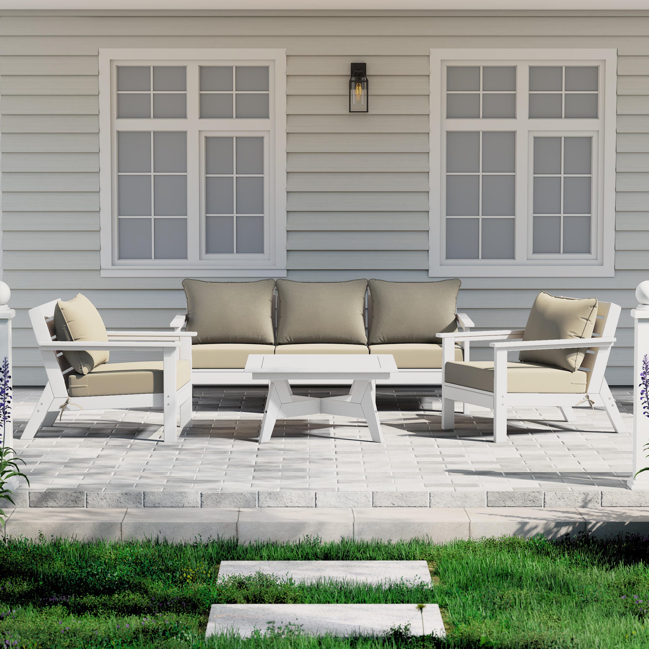 Westin Furniture Birchwood Solid Outdoor Sofa and 2 Chairs with Coffee Table, Sand, rollover