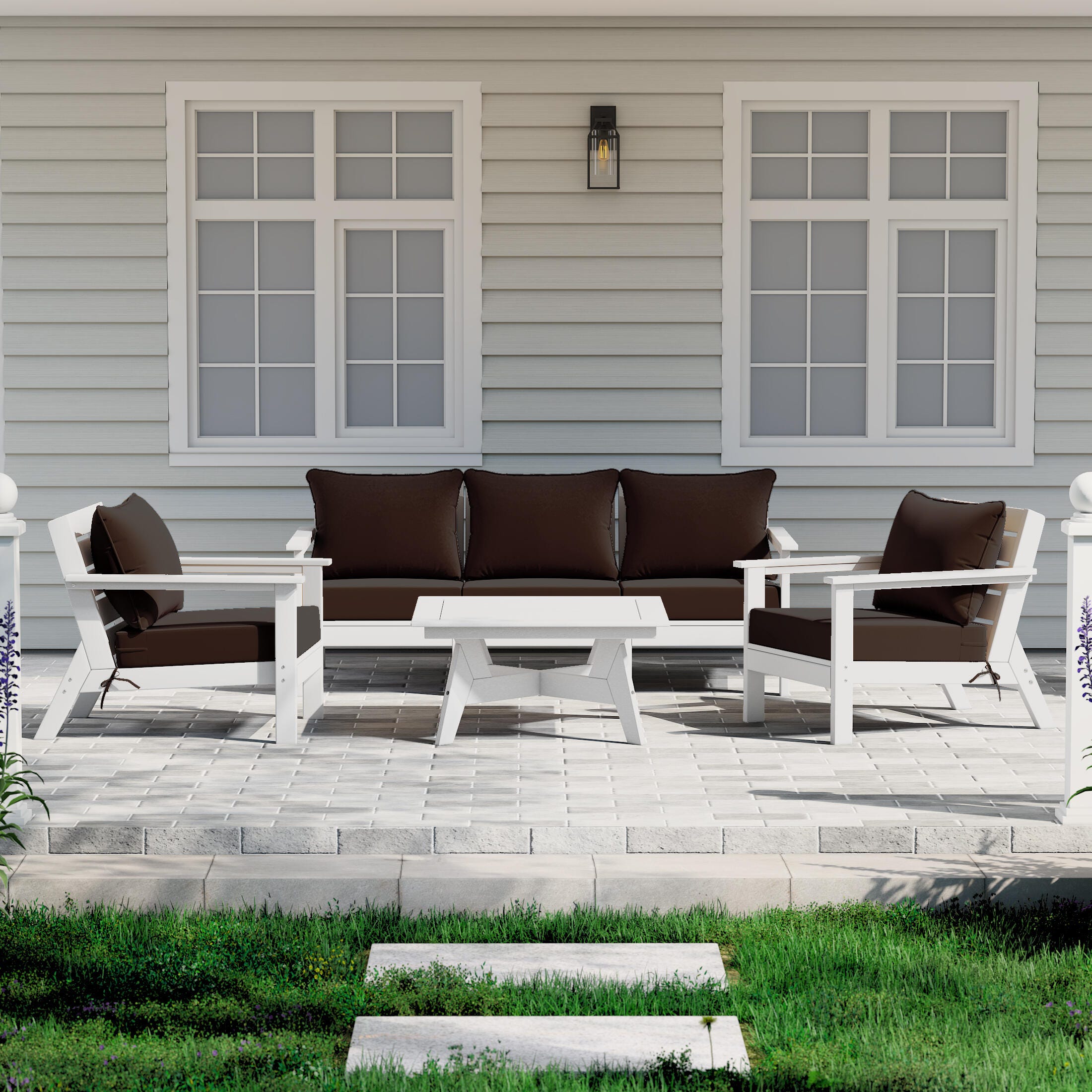 Westin Furniture Birchwood Solid Outdoor Sofa and 2 Chairs with Coffee Table, Chocolate Brown, rollover
