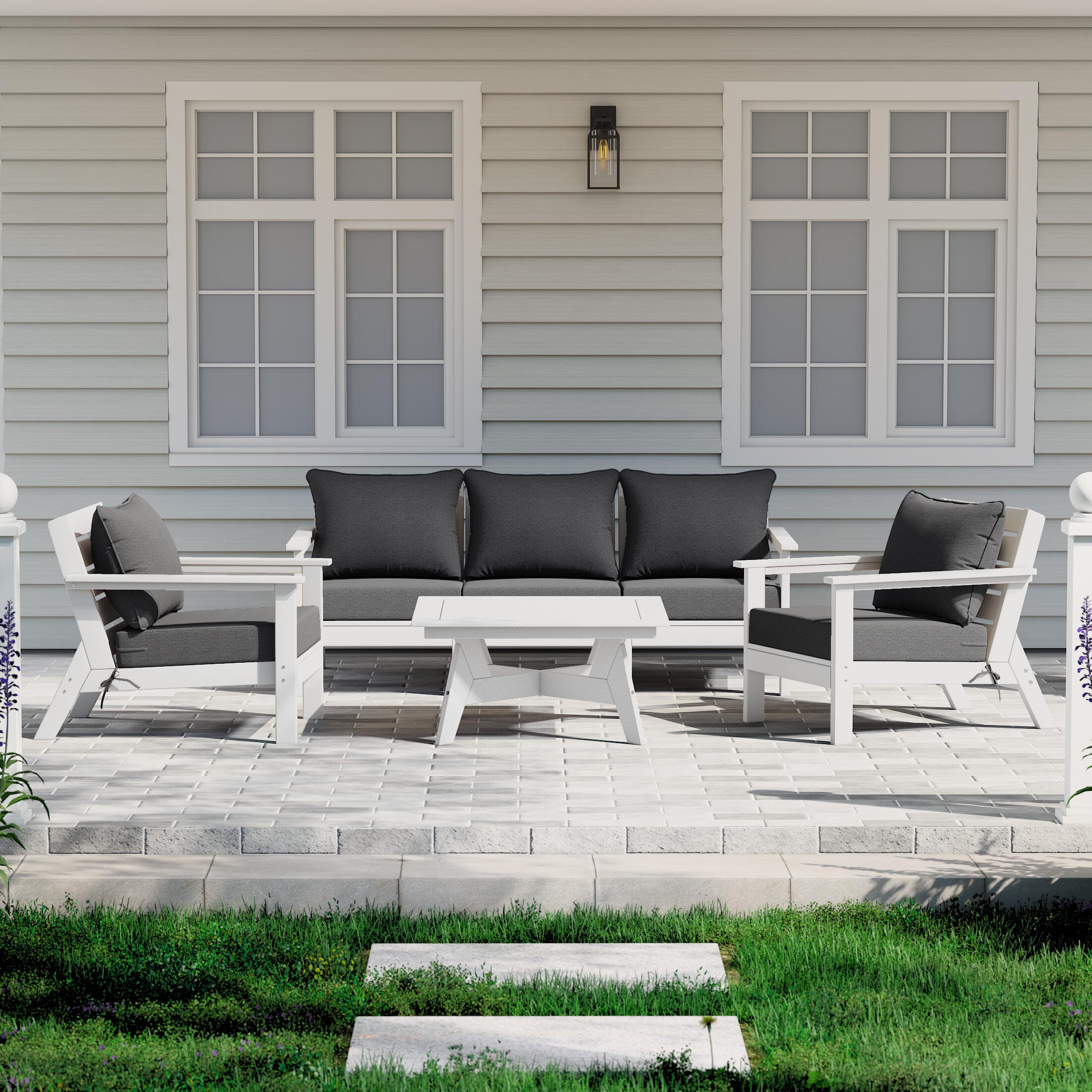 Westin Furniture Birchwood Solid Outdoor Sofa and 2 Chairs with Coffee Table, Slate Gray, rollover