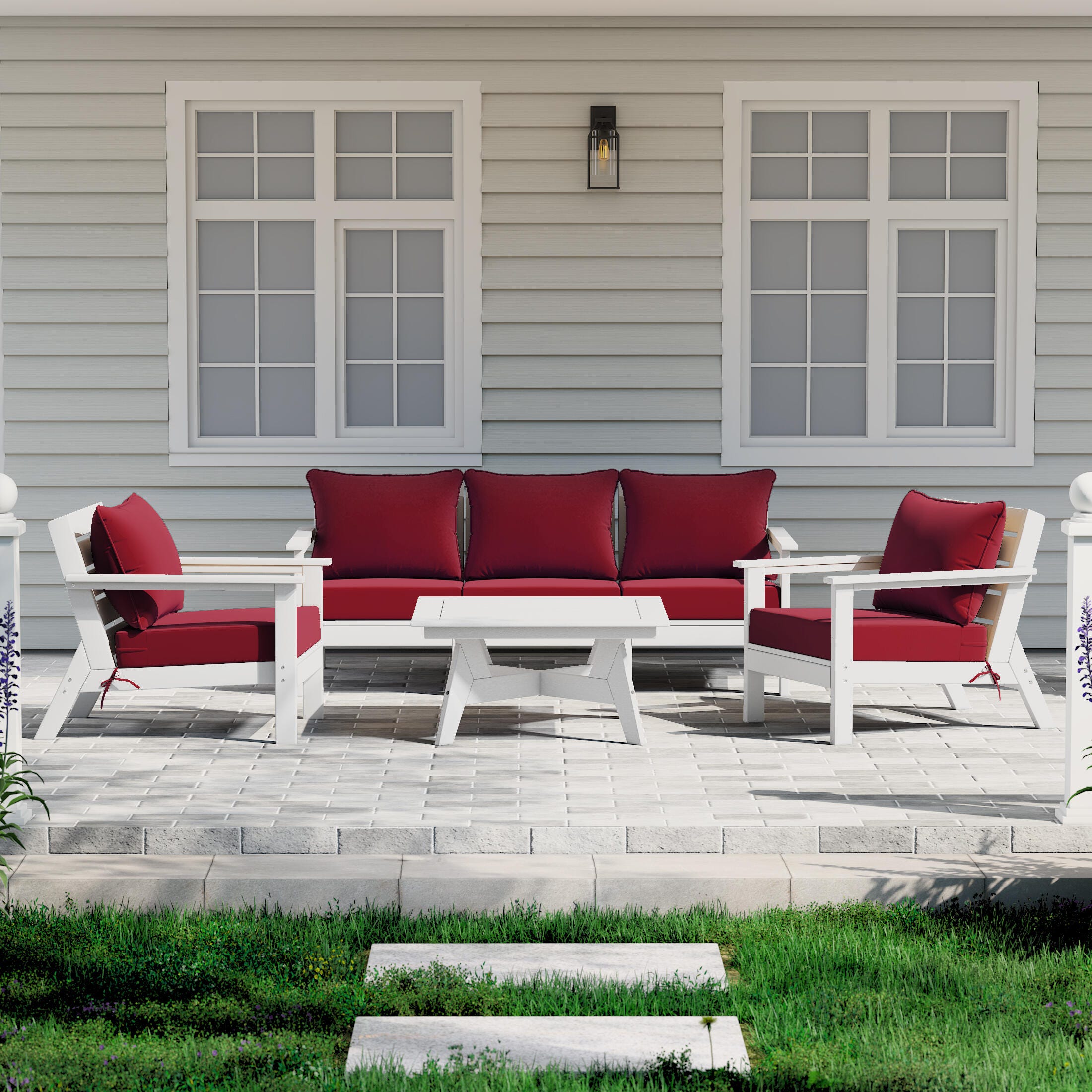 Westin Furniture Birchwood Solid Outdoor Sofa and 2 Chairs with Coffee Table, Deep Crimson, rollover
