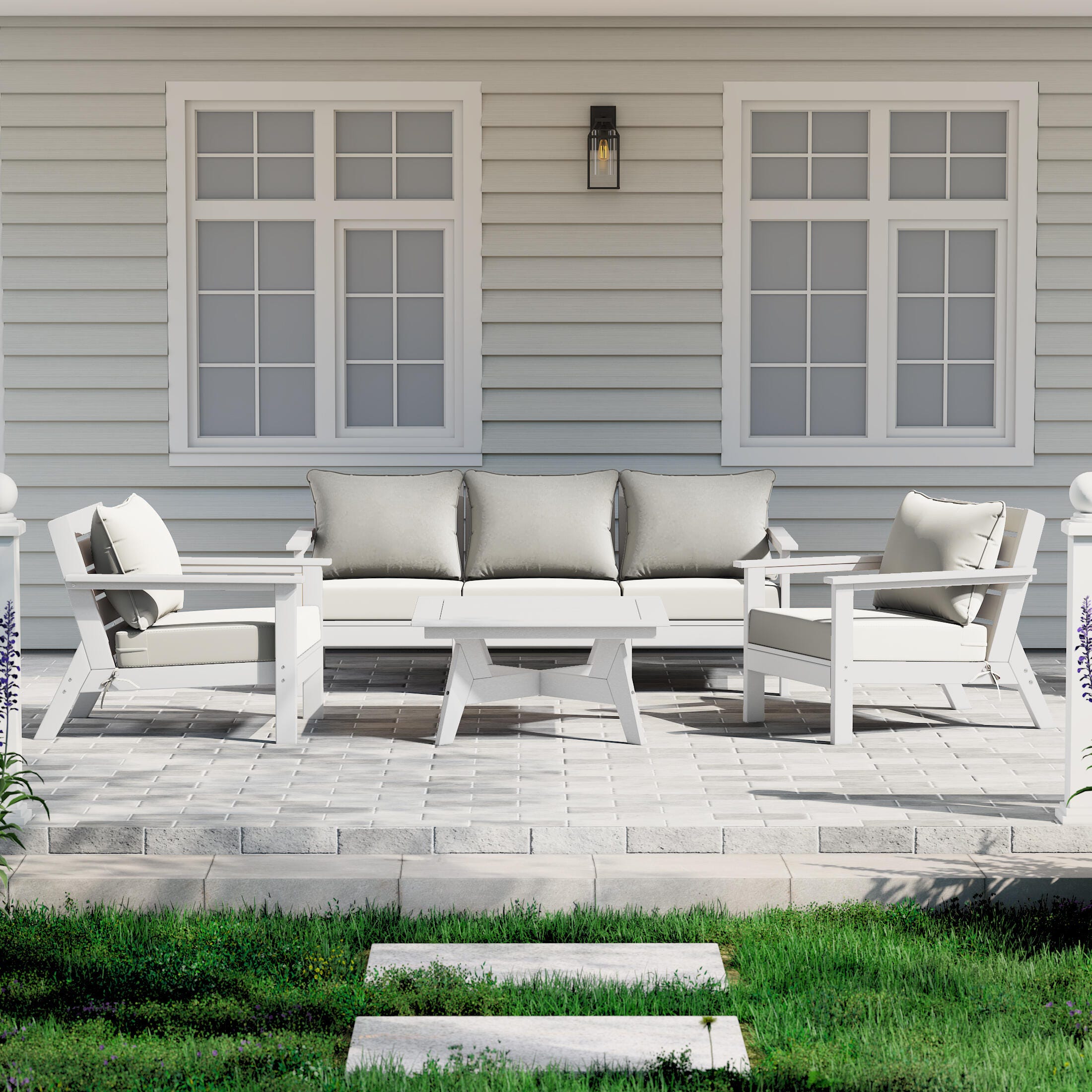 Westin Furniture Birchwood Solid Outdoor Sofa and 2 Chairs with Coffee Table, Coconut White, rollover