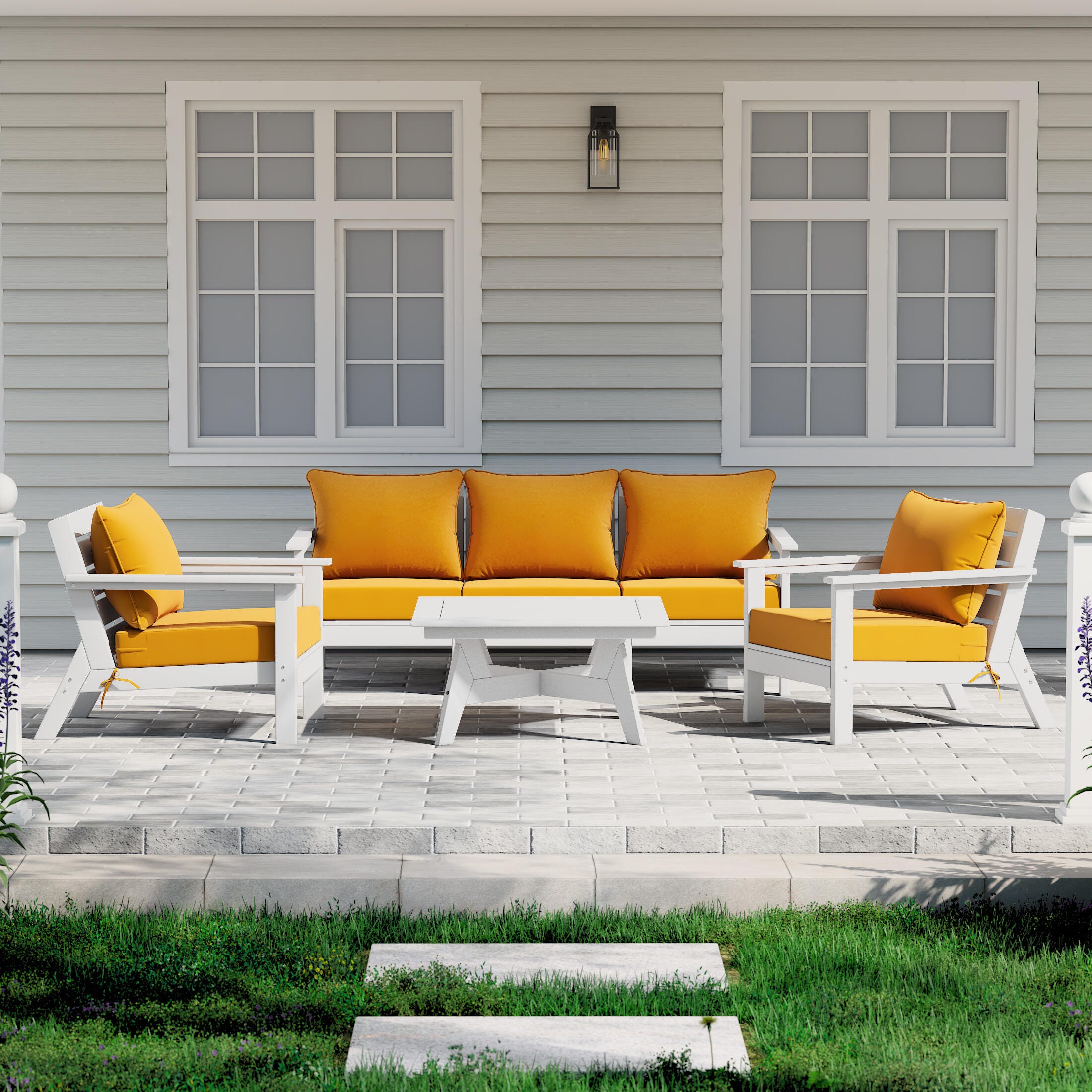 Westin Furniture Birchwood Solid Outdoor Sofa and 2 Chairs with Coffee Table, Golden Yellow, rollover