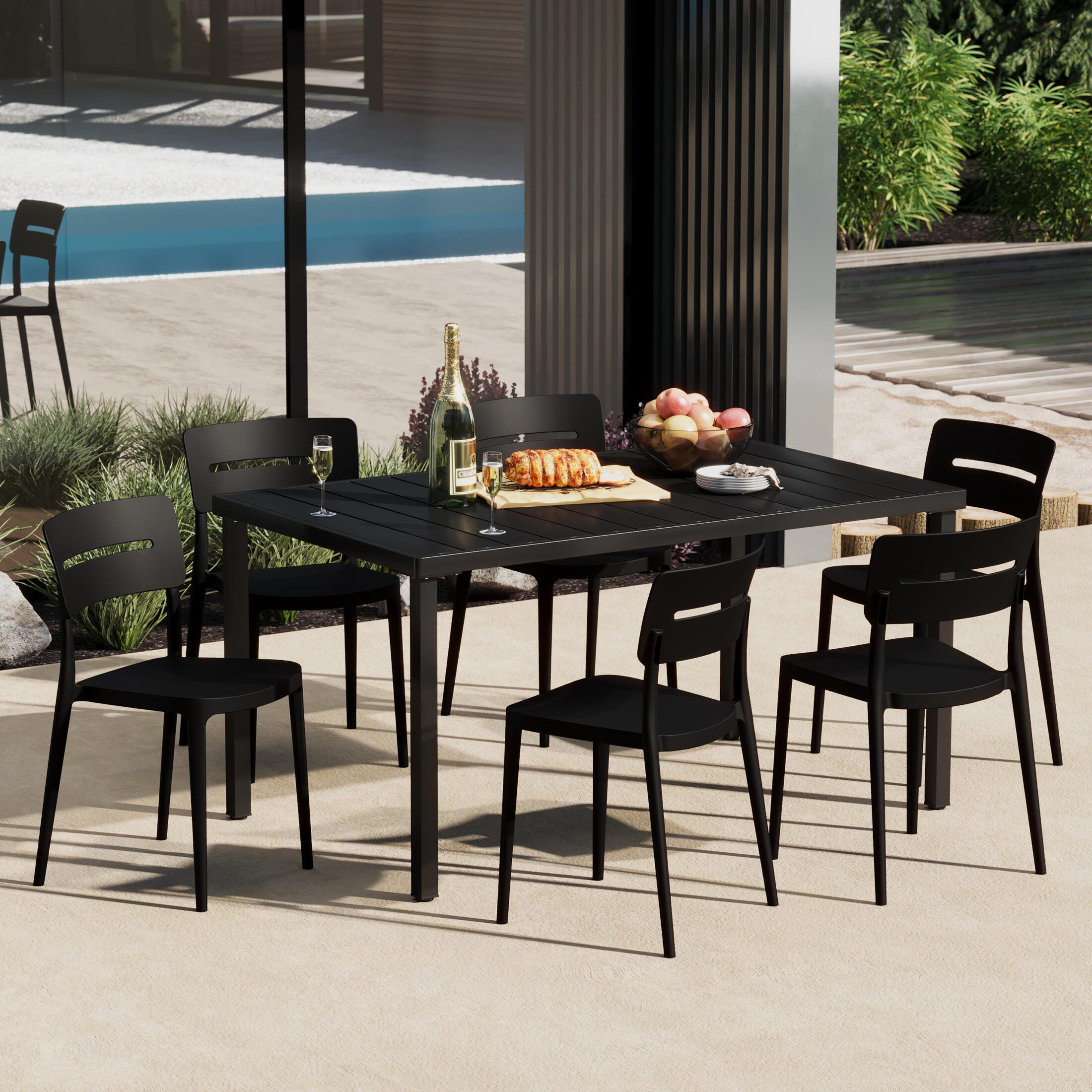 Westin Furniture Meadow Solid Outdoor Dining Table and 6 Chairs, Black, rollover