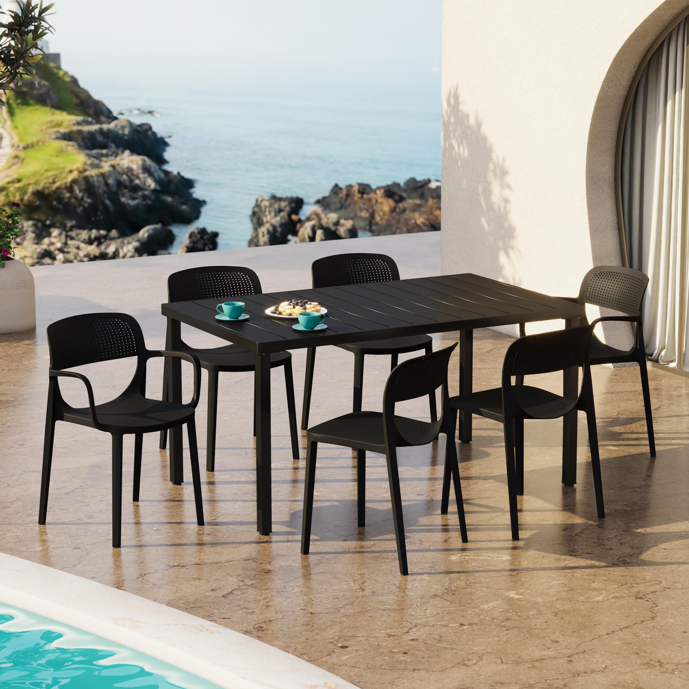Westin Furniture Valencia Outdoor Dining Table and 6 Chairs, Black, rollover
