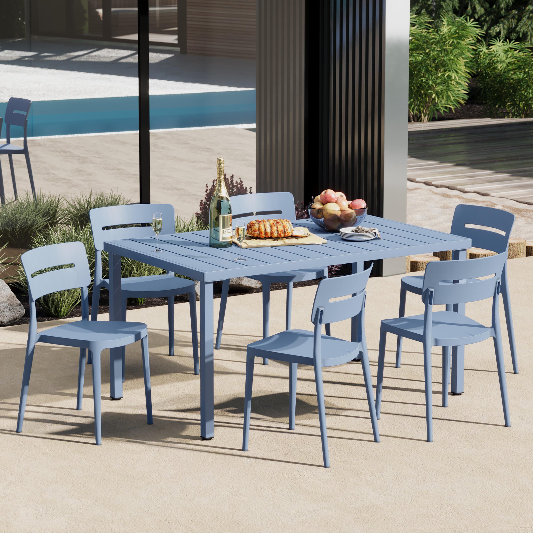 Westin Furniture Meadow Solid Outdoor Dining Table and 6 Chairs, French Blue, large