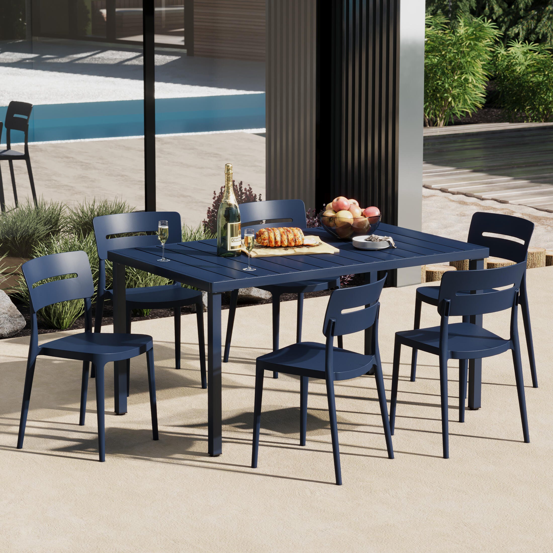 Westin Furniture Meadow Solid Outdoor Dining Table and 6 Chairs, Navy Blue, rollover