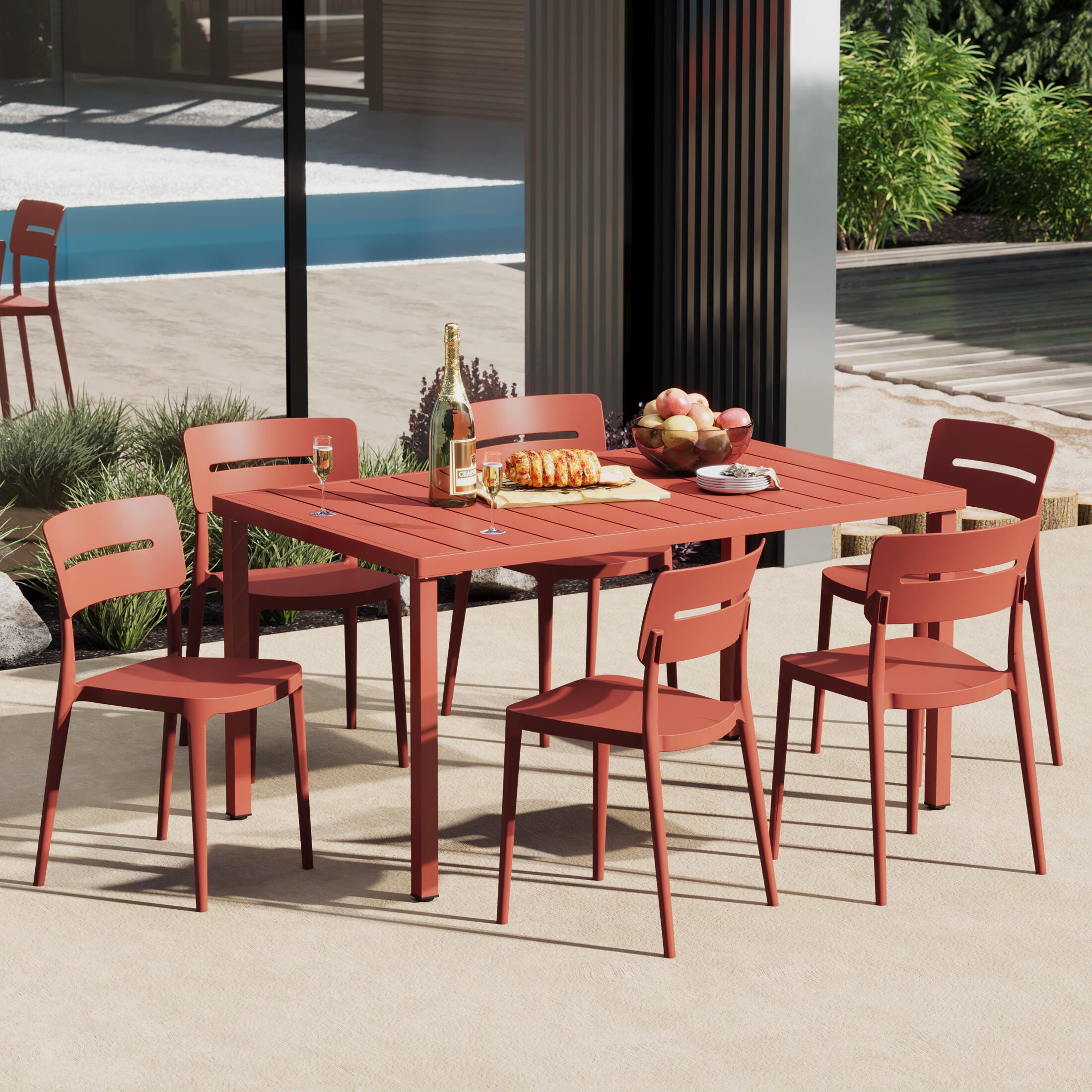 Westin Furniture Meadow Solid Outdoor Dining Table and 6 Chairs, Red, rollover