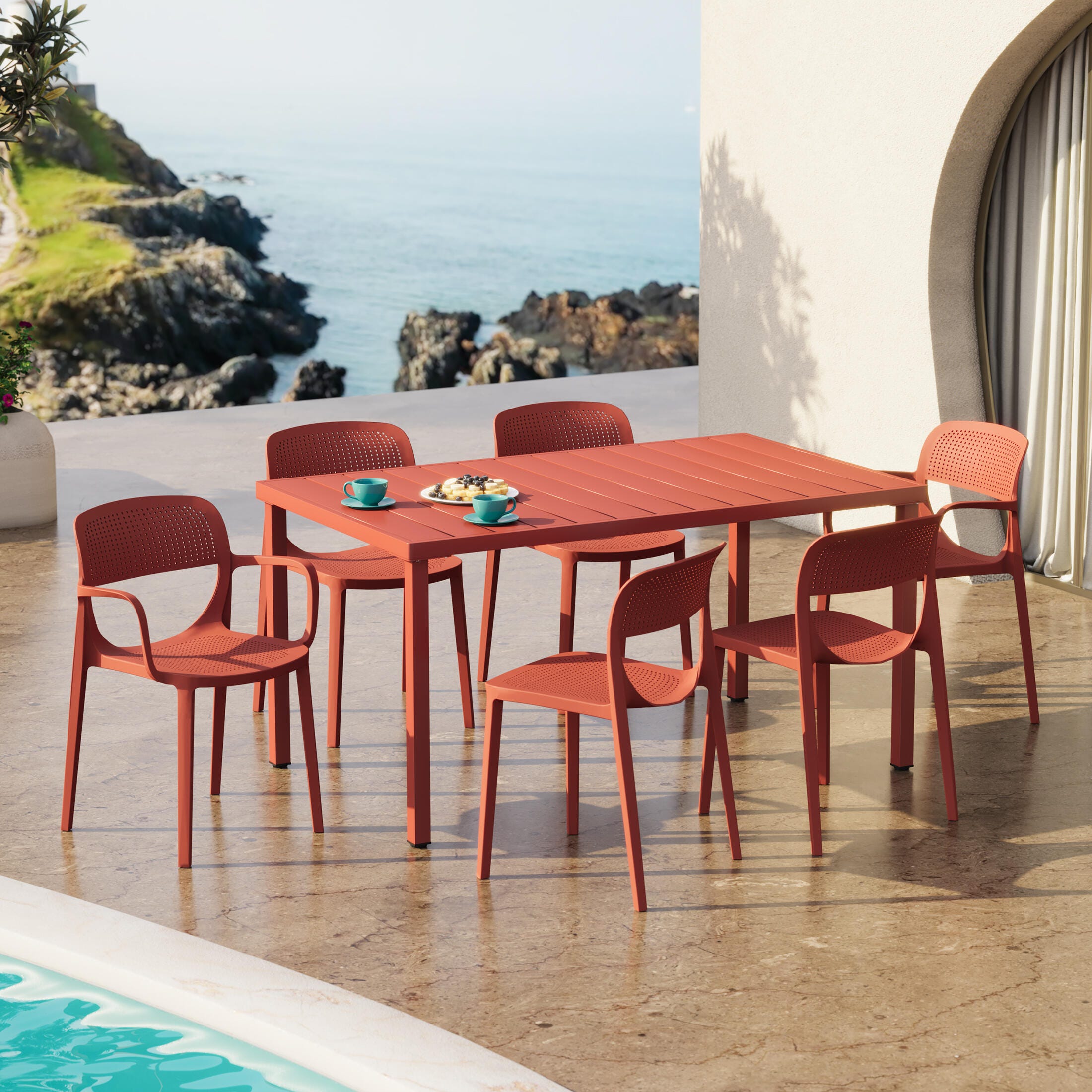 Westin Furniture Valencia Outdoor Dining Table and 6 Chairs, Red, rollover