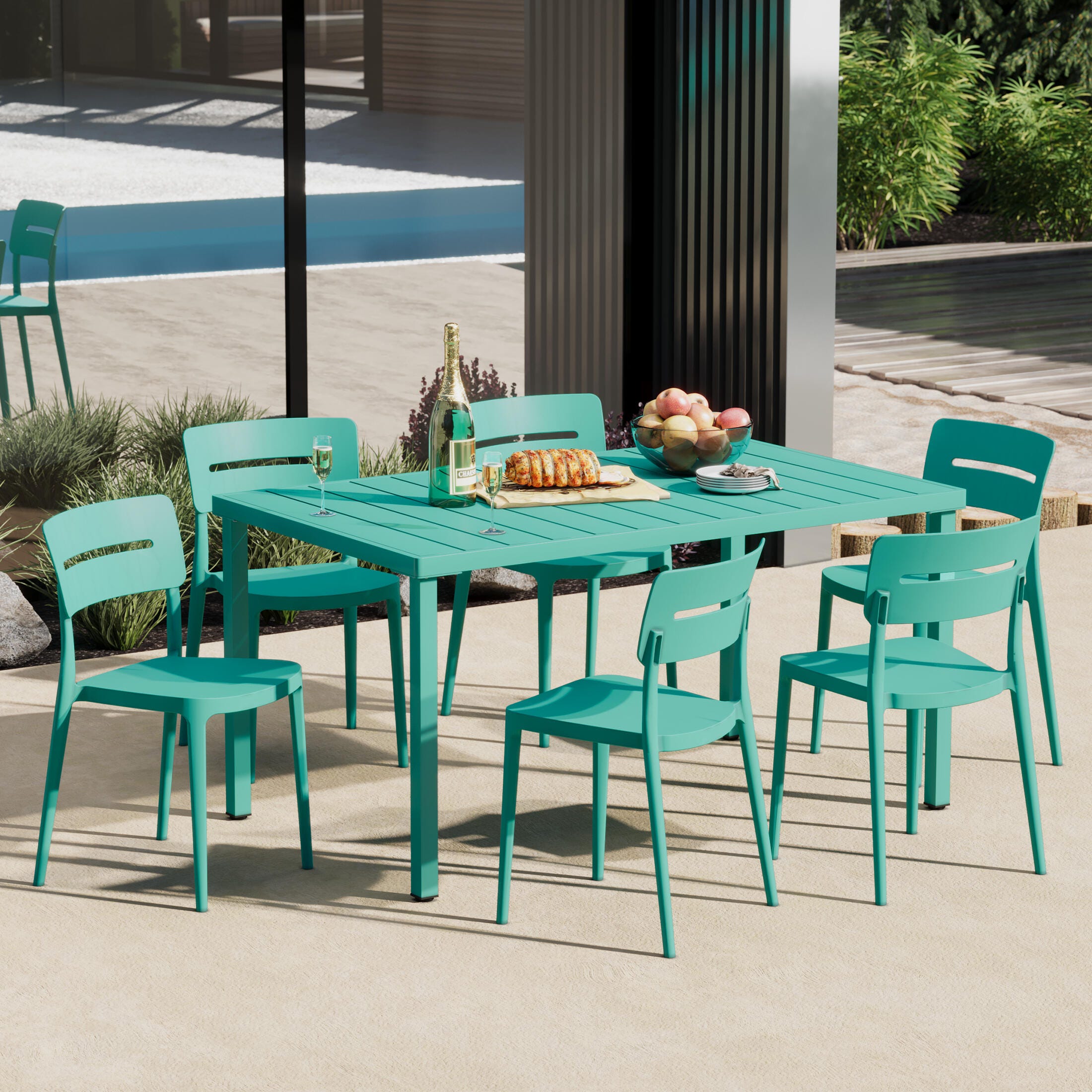 Westin Furniture Meadow Solid Outdoor Dining Table and 6 Chairs, Turquoise, large