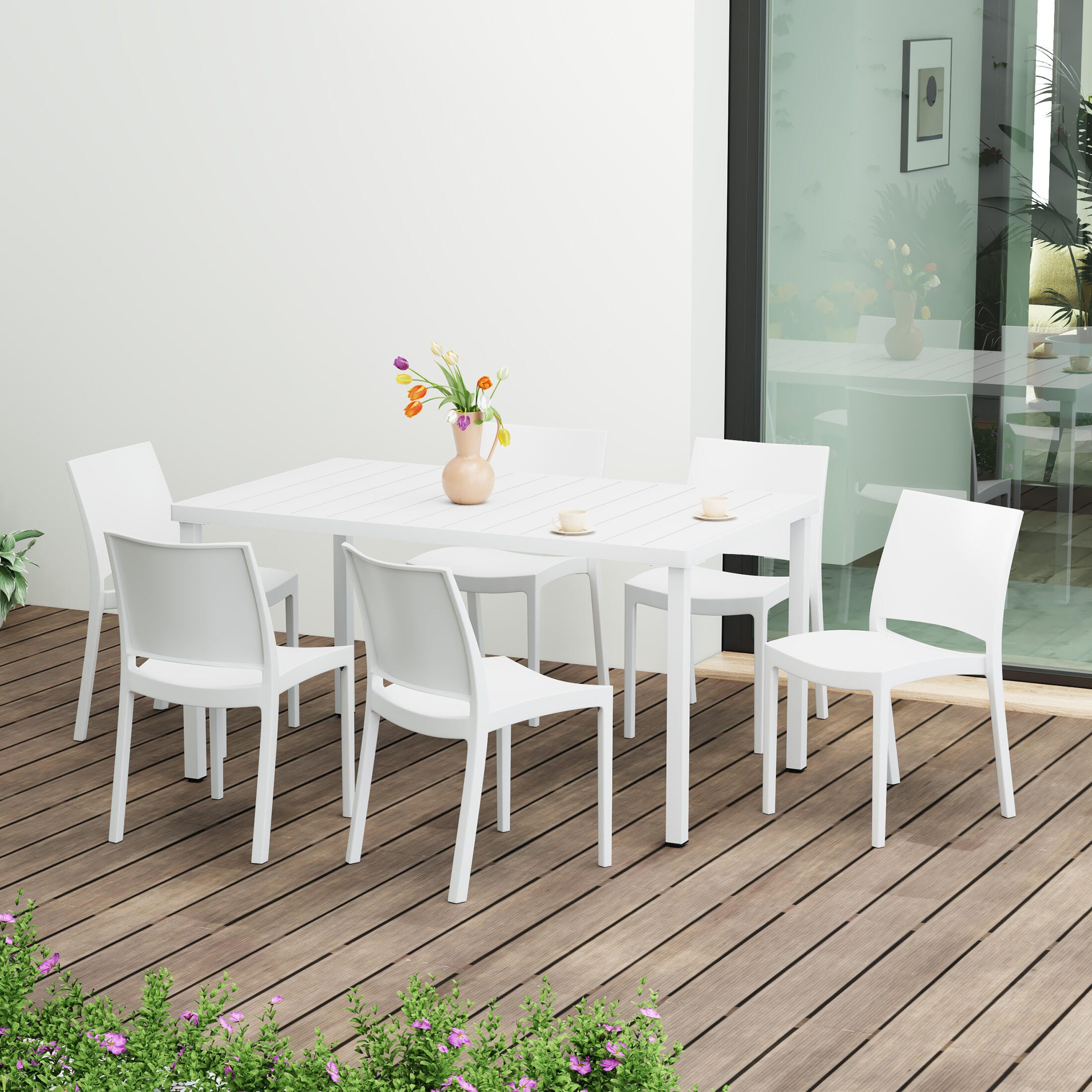 Westin Furniture Marbella Outdoor Dining Table and 6 Chairs, White, rollover