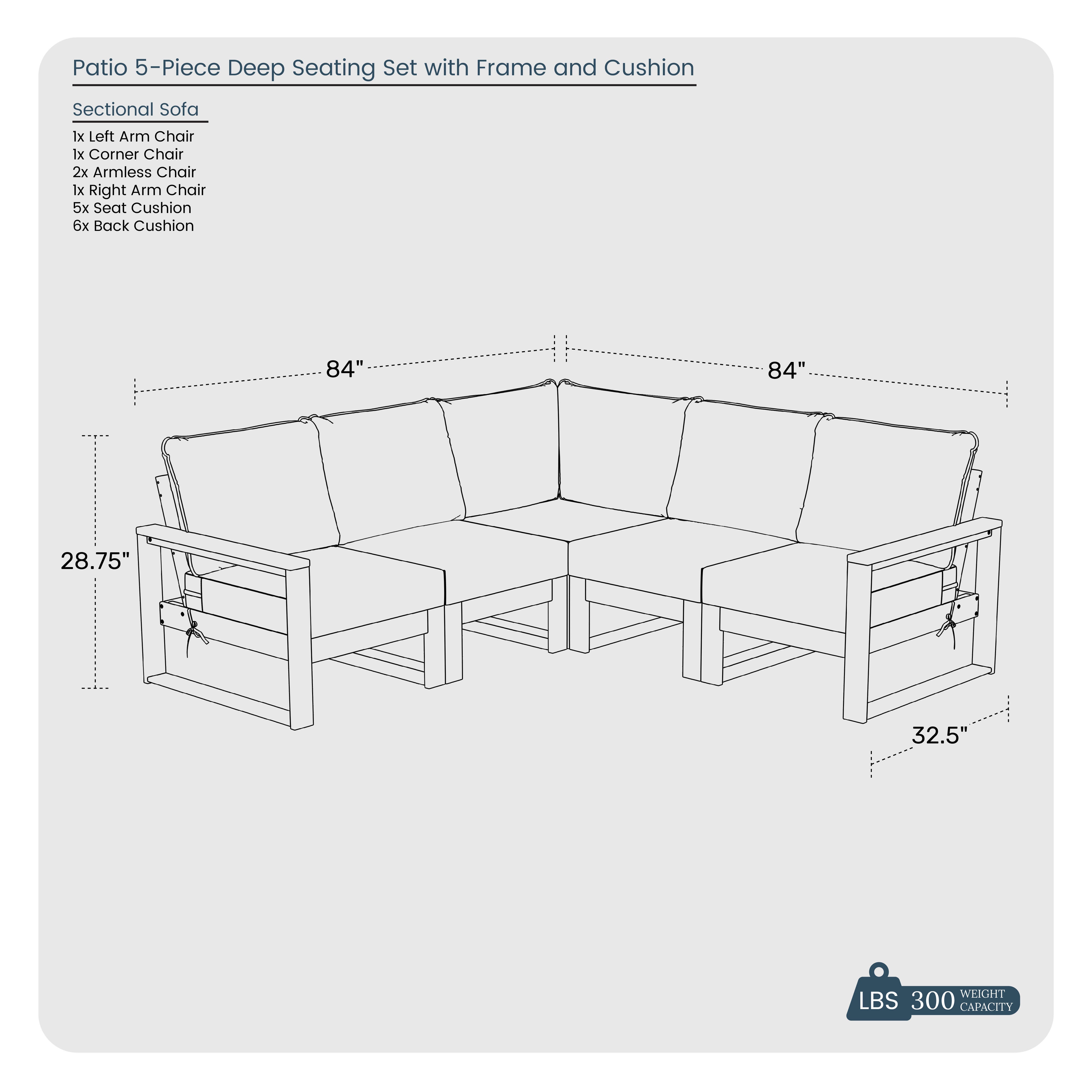 Westin Furniture Endless 5-Piece Outdoor Sectional Sofa, Light Gray, large