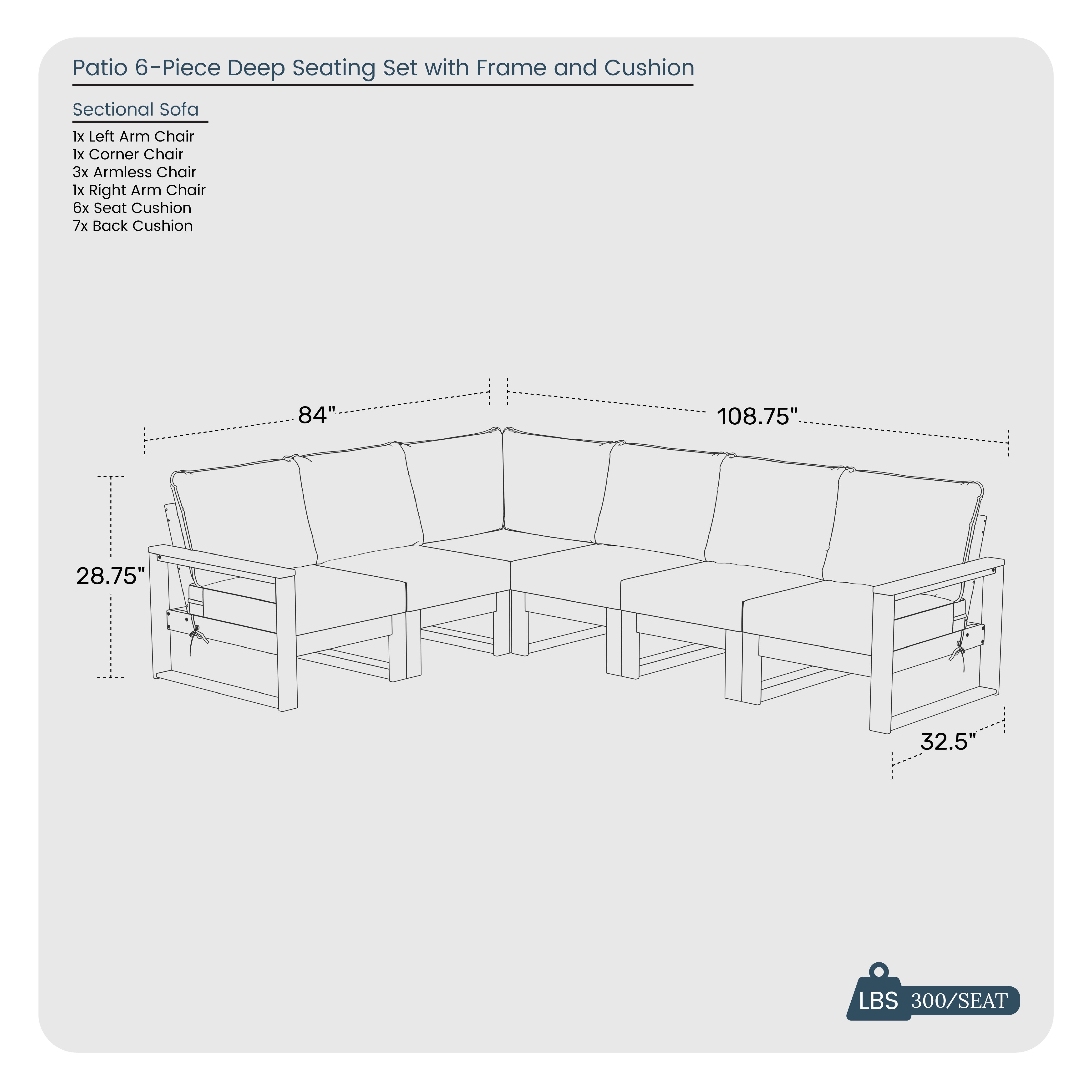 Westin Furniture Endless 6-Piece Outdoor Sectional Sofa, Charcoal Black, large