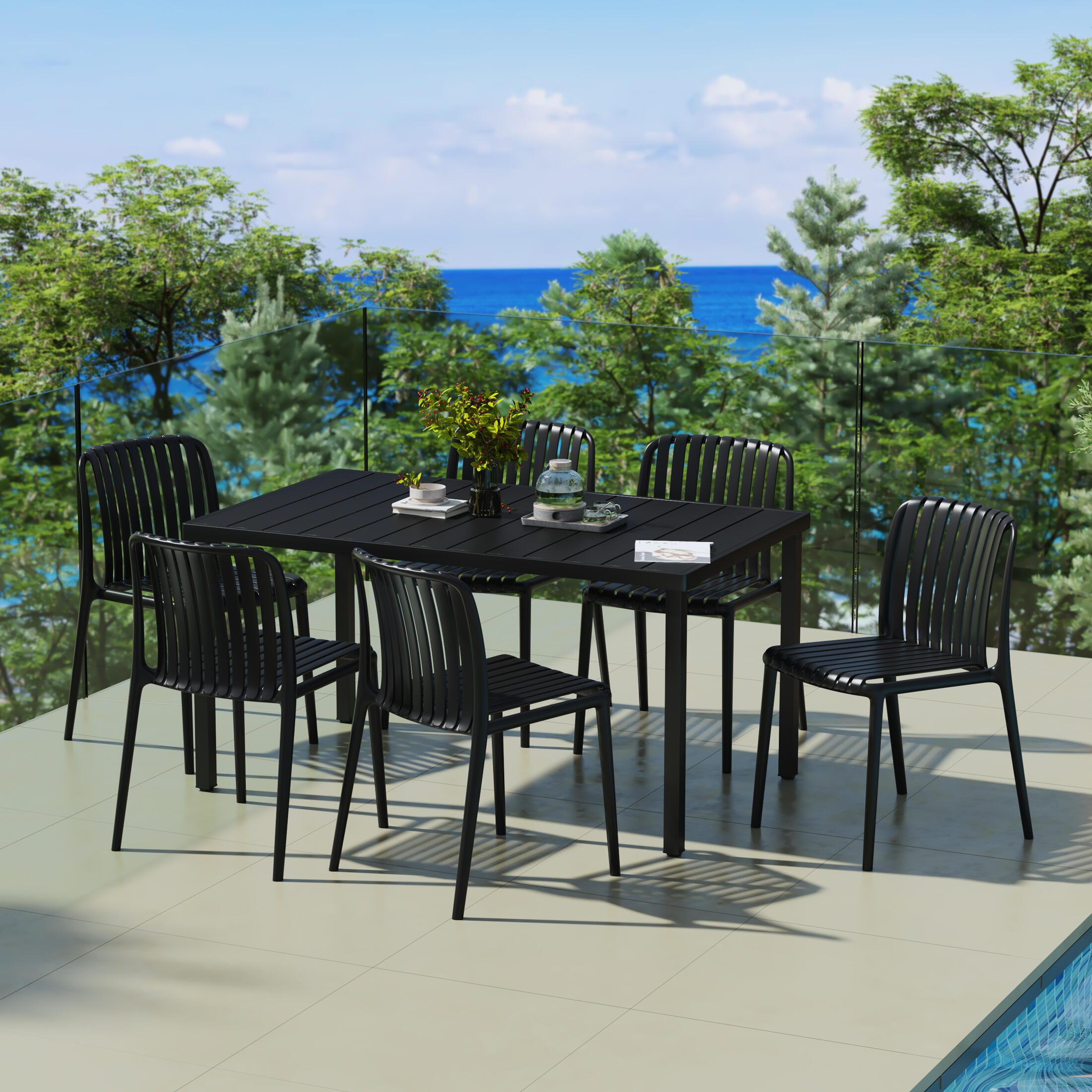 Westin Furniture Harlow Rectangular Outdoor Dining Table and 6 Chairs, Black, rollover