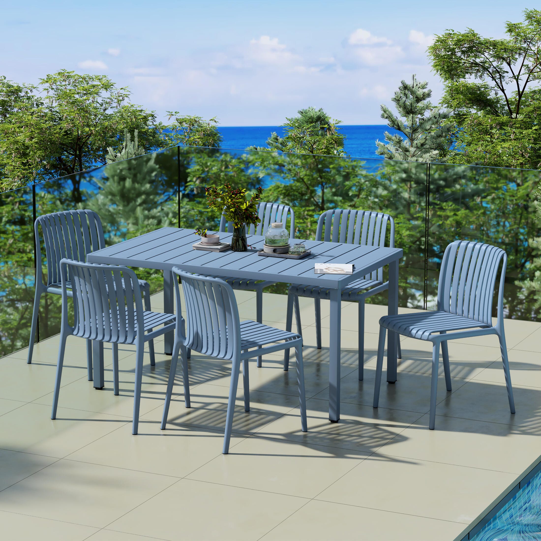 Westin Furniture Harlow Rectangular Outdoor Dining Table and 6 Chairs, French Blue, large