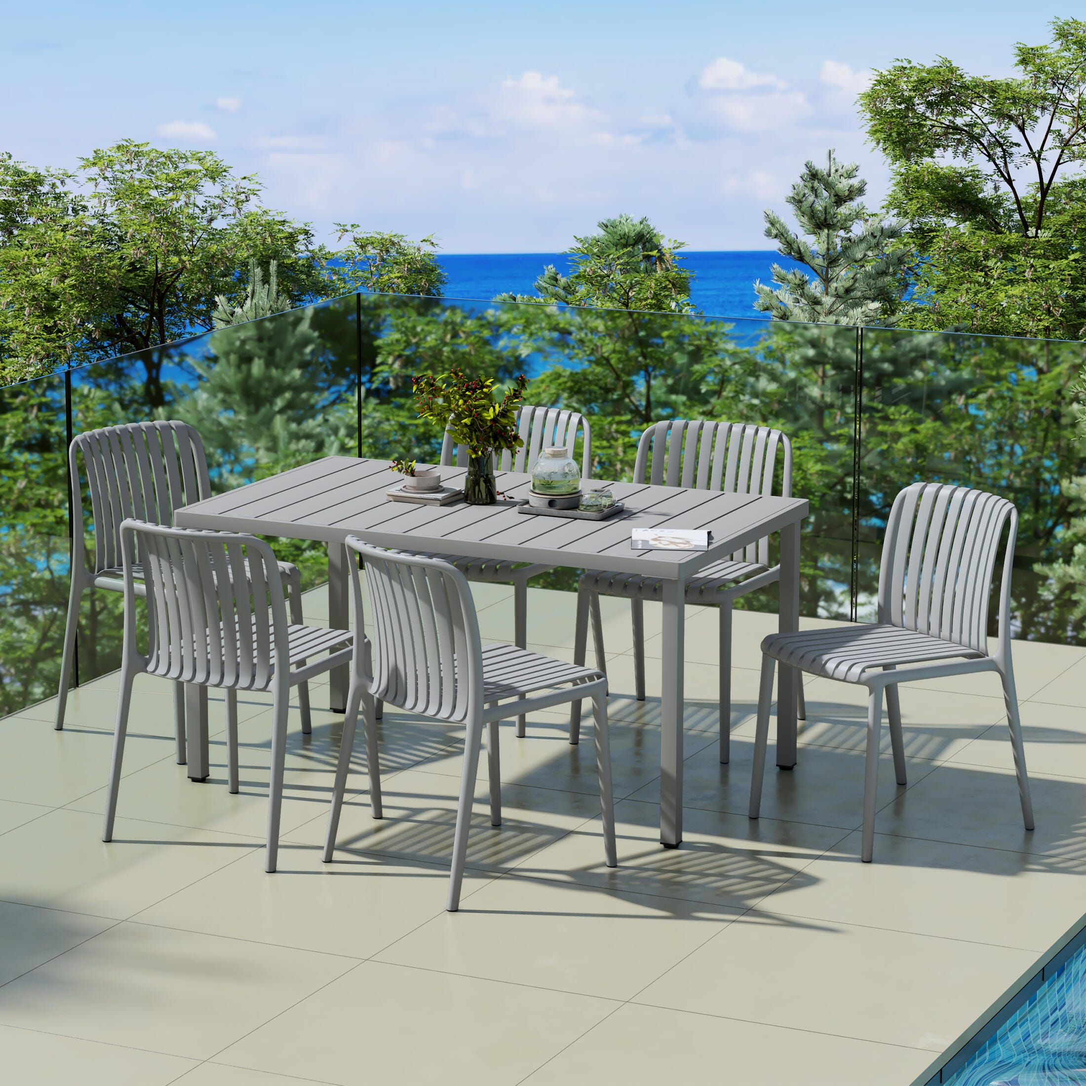 Westin Furniture Harlow Rectangular Outdoor Dining Table and 6 Chairs, Gray, rollover