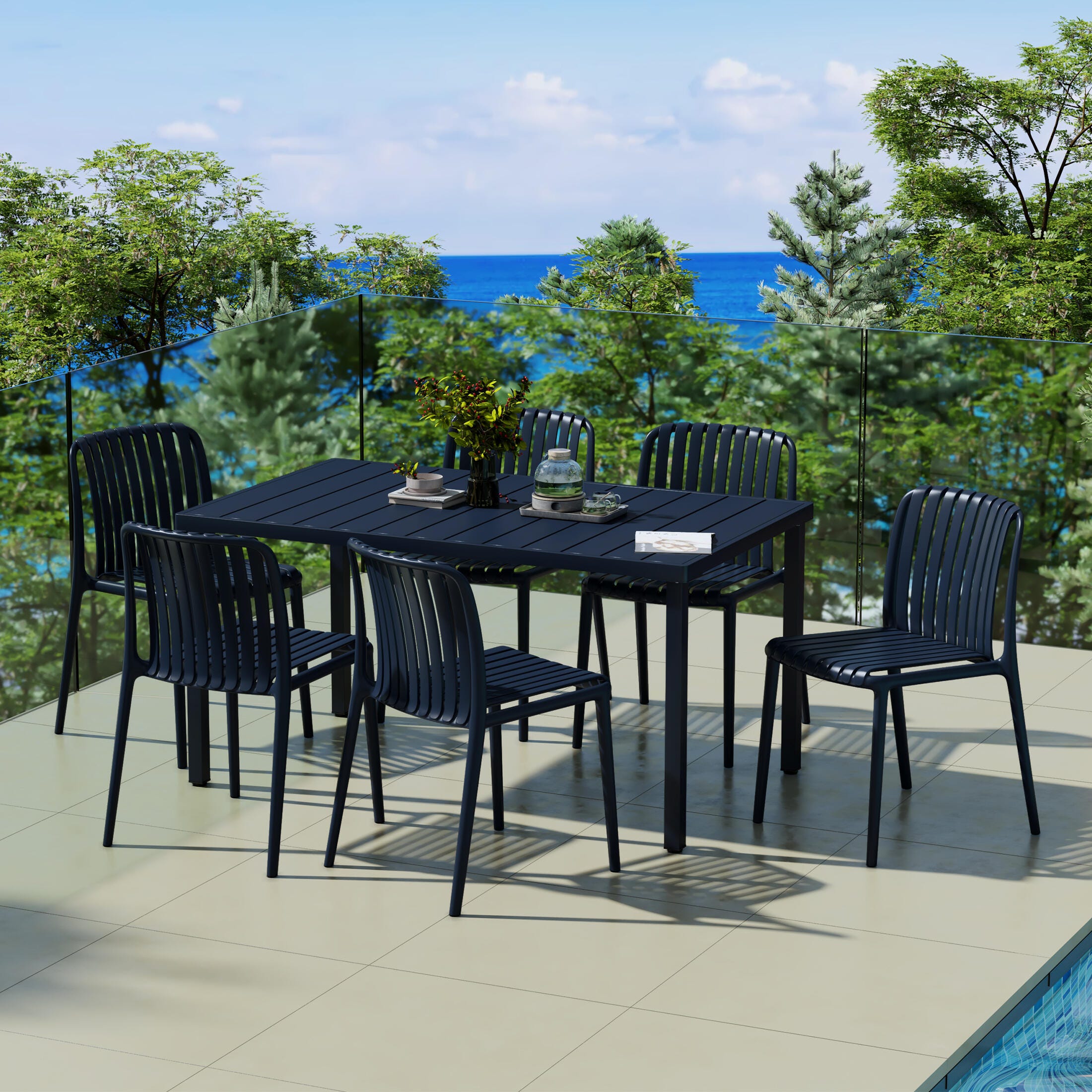 Westin Furniture Harlow Rectangular Outdoor Dining Table and 6 Chairs, Navy Blue, rollover