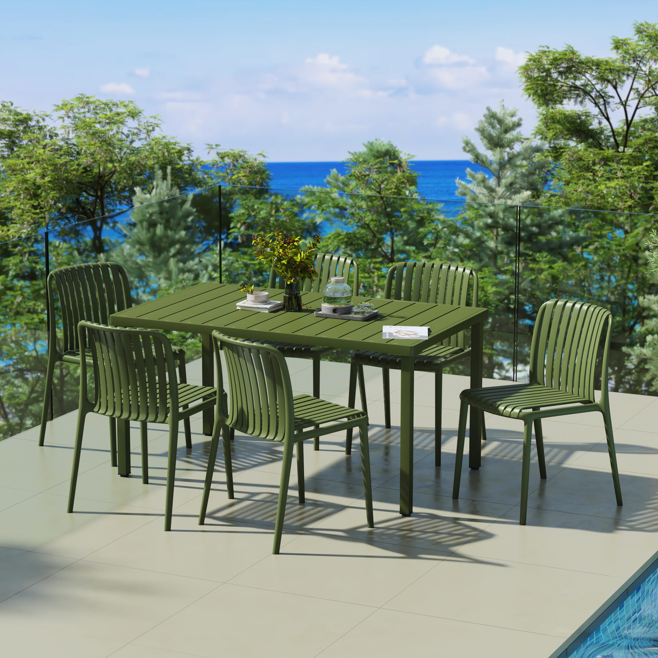 Westin Furniture Harlow Rectangular Outdoor Dining Table and 6 Chairs, Olive Green, rollover