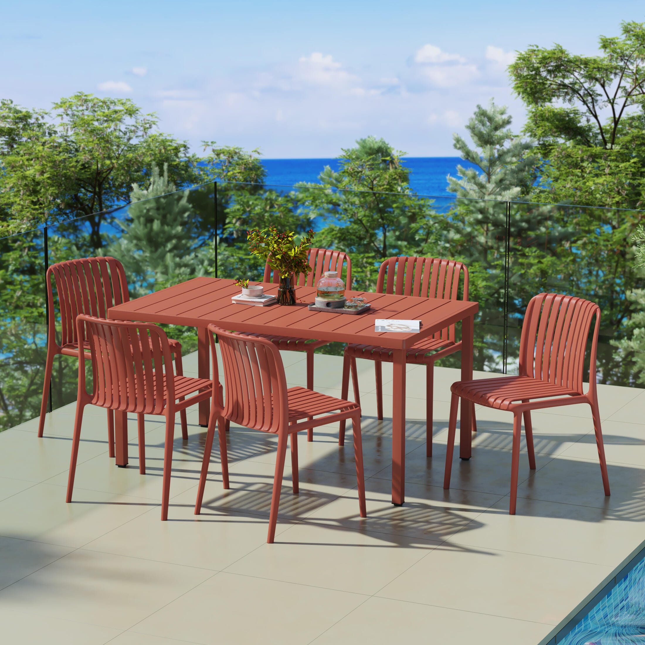 Westin Furniture Harlow Rectangular Outdoor Dining Table and 6 Chairs, Red, rollover