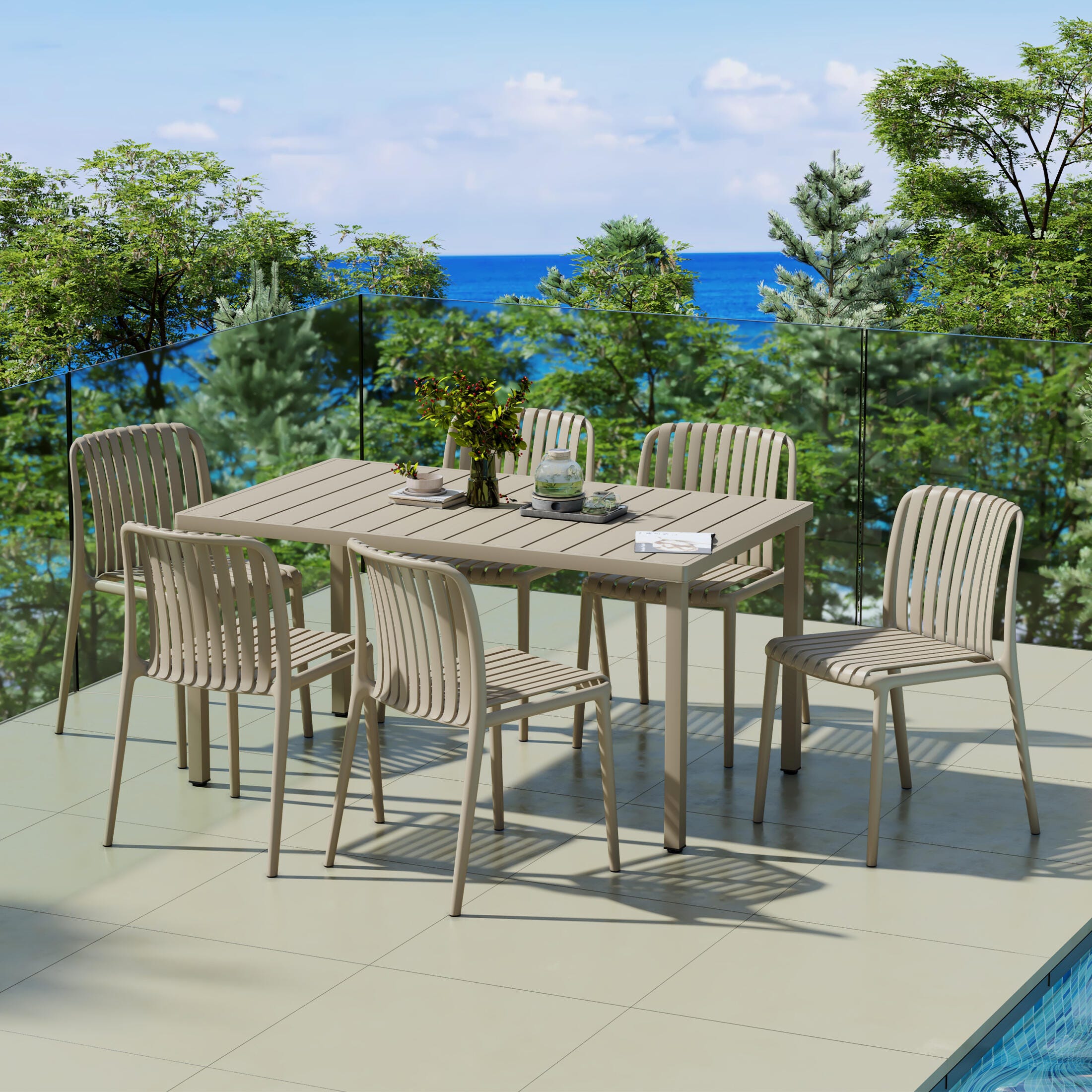 Westin Furniture Harlow Rectangular Outdoor Dining Table and 6 Chairs, Sand, rollover