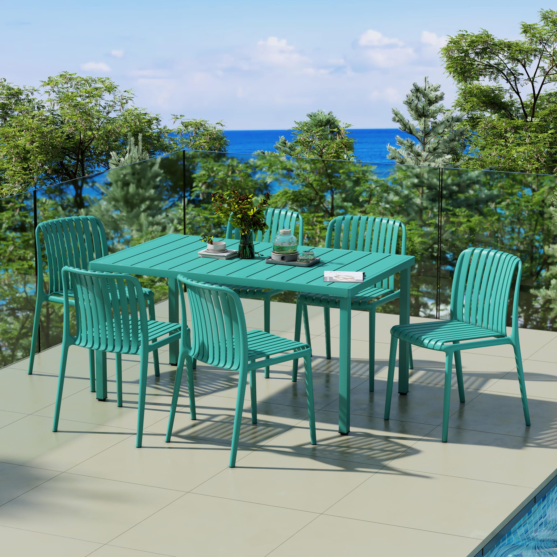Westin Furniture Harlow Rectangular Outdoor Dining Table and 6 Chairs, Turquoise, large