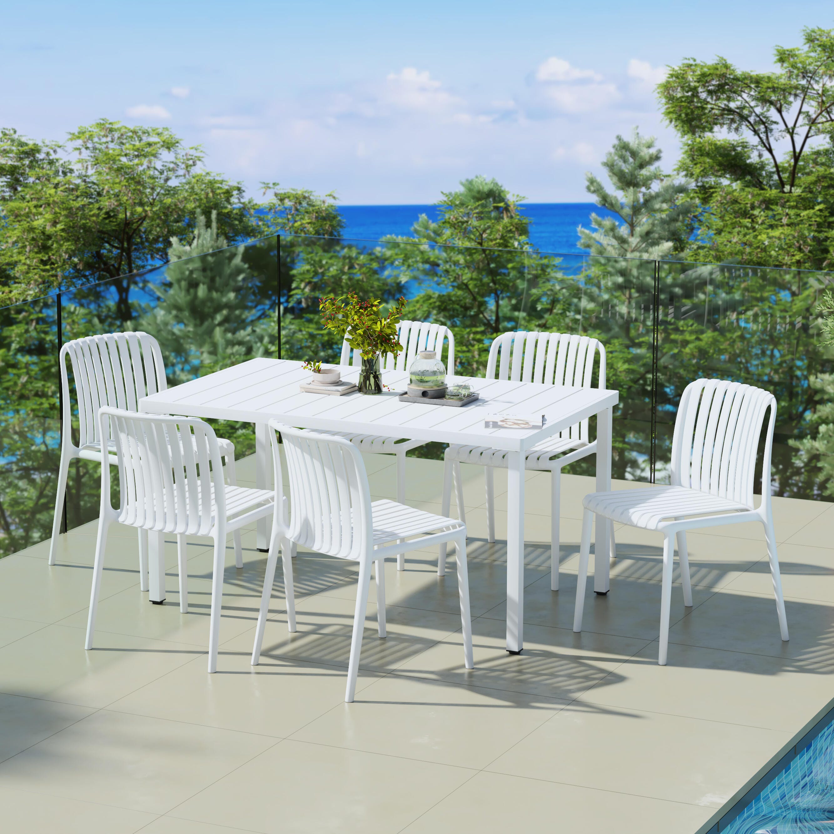 Westin Furniture Harlow Rectangular Outdoor Dining Table and 6 Chairs, White, rollover