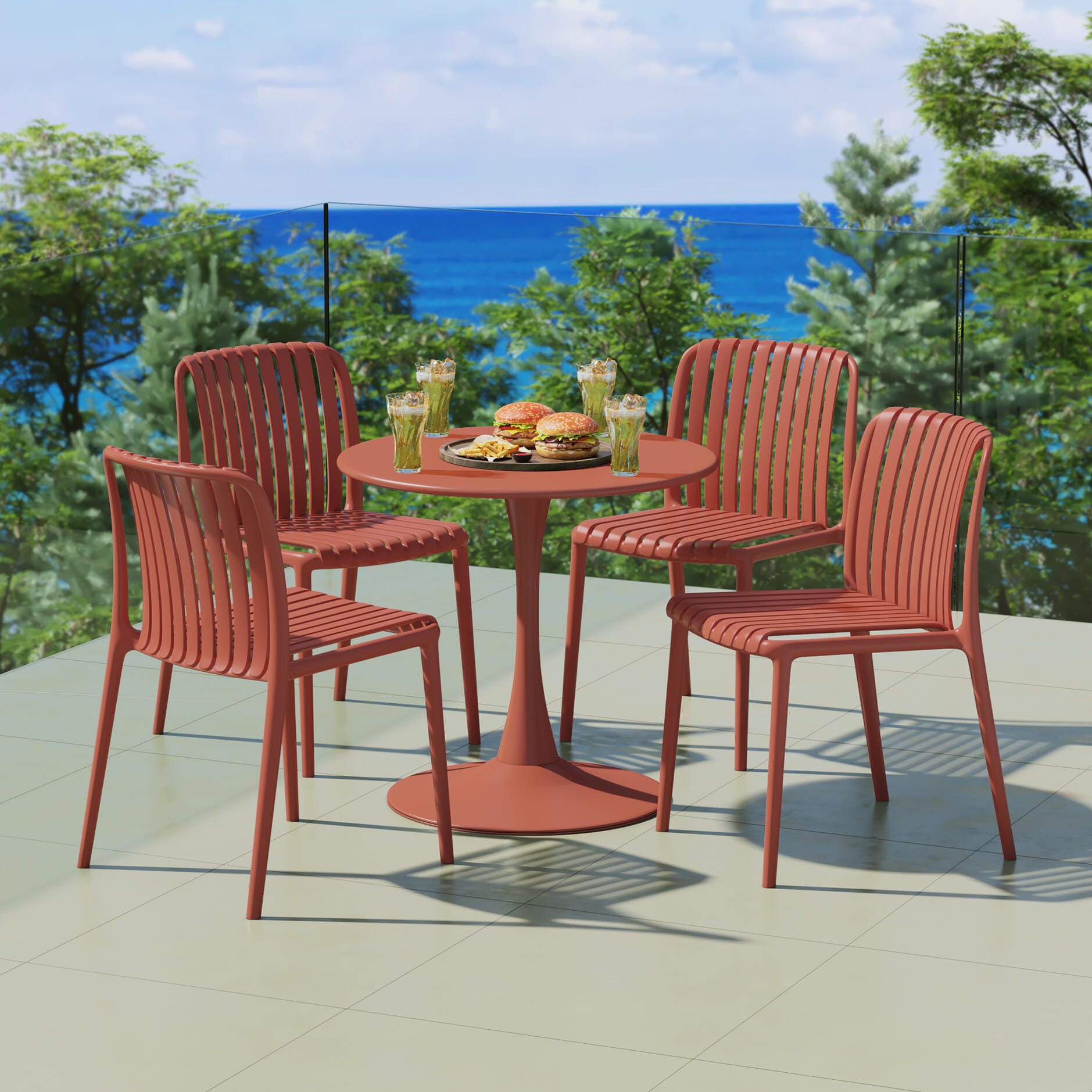 Westin Furniture Harlow Round Outdoor Dining Table and 4 Chairs, Red, rollover