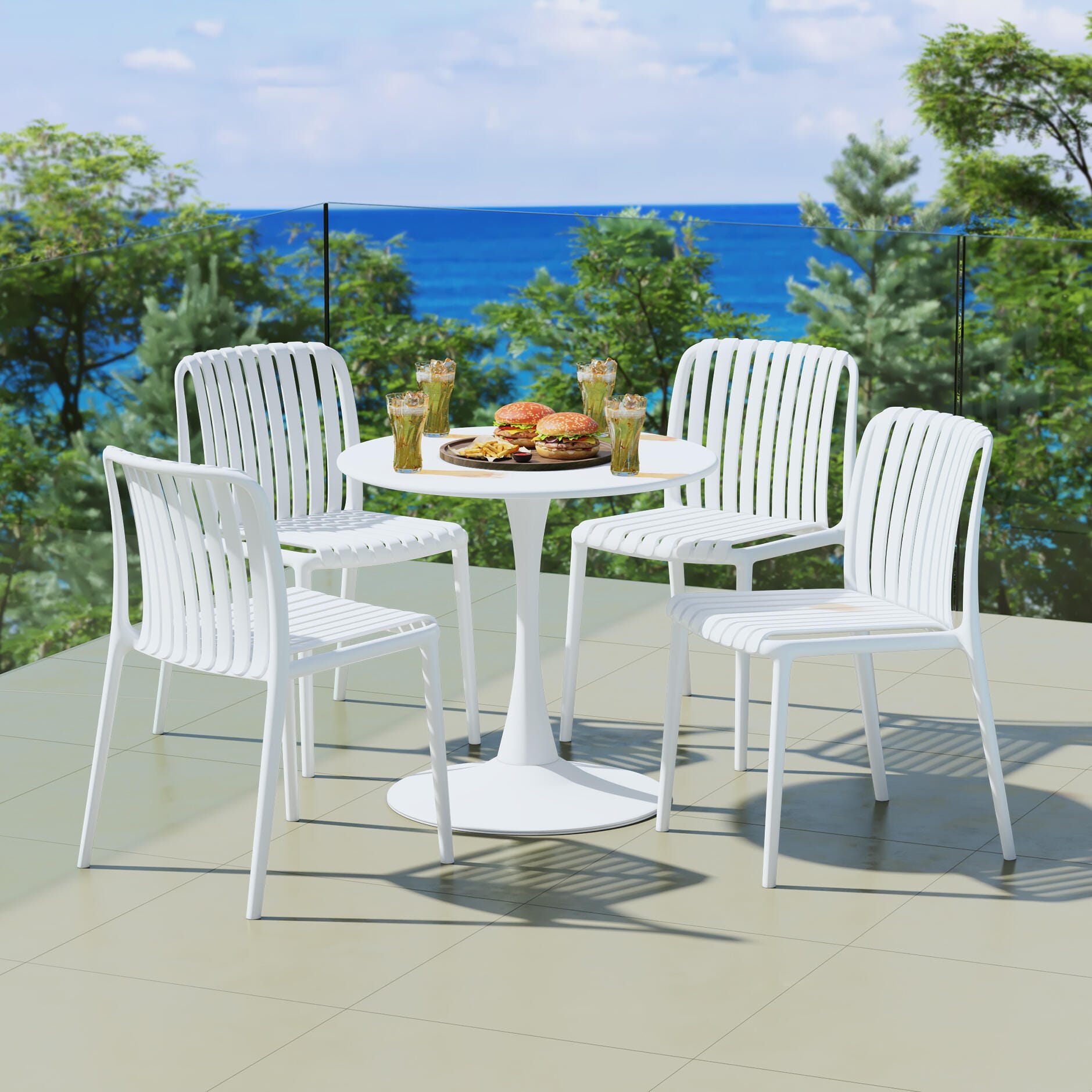 Westin Furniture Harlow Round Outdoor Dining Table and 4 Chairs, White, rollover