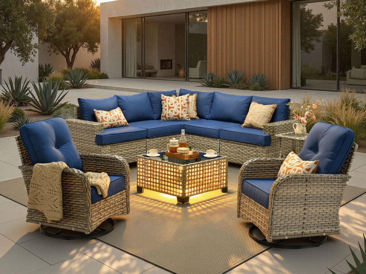 Noviland HOMLUX Outdoor Conversation Set with Coffee Table, Navy Blue, rollover