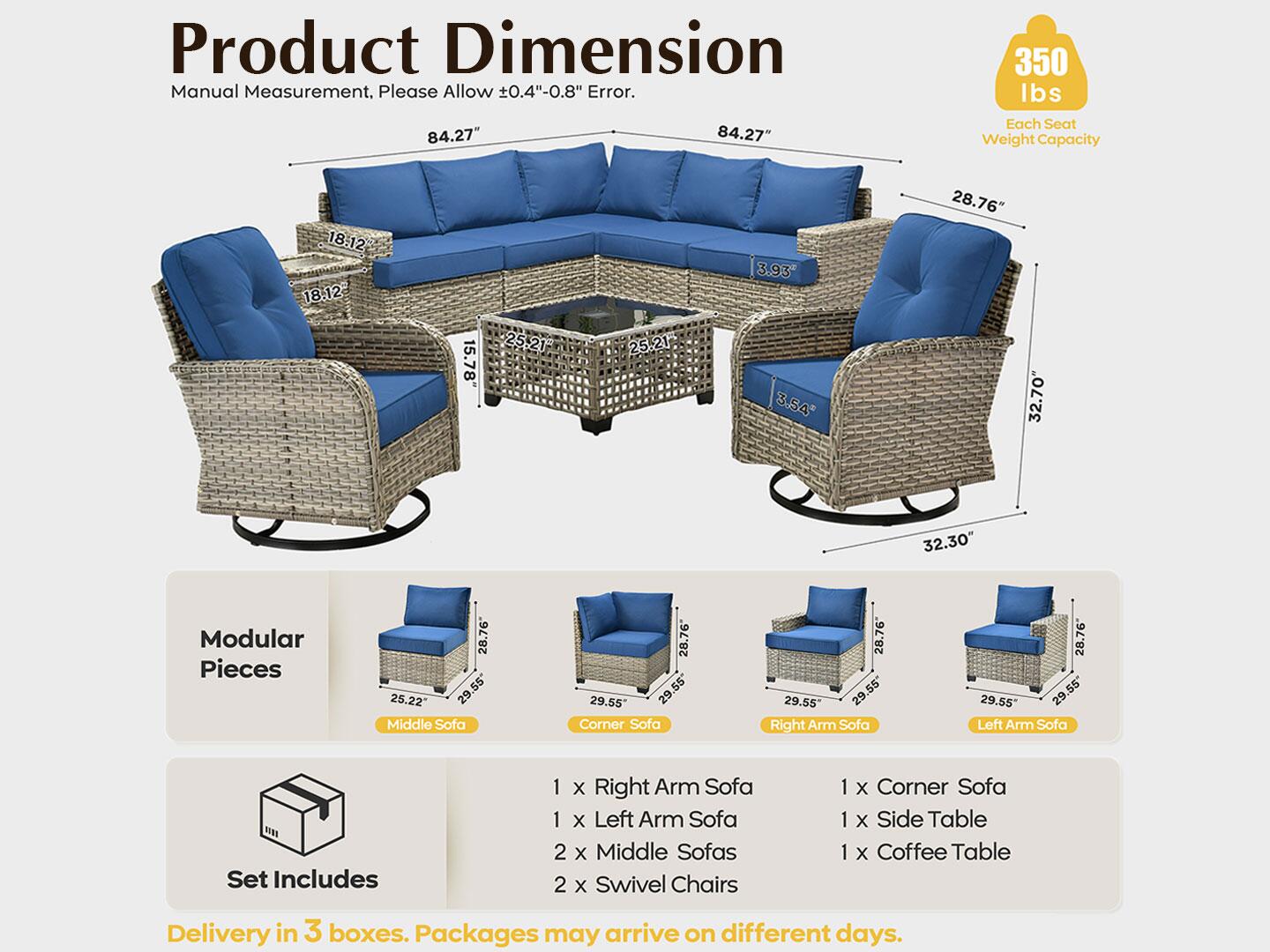 Noviland HOMLUX Outdoor Conversation Set with Coffee Table, Navy Blue, large