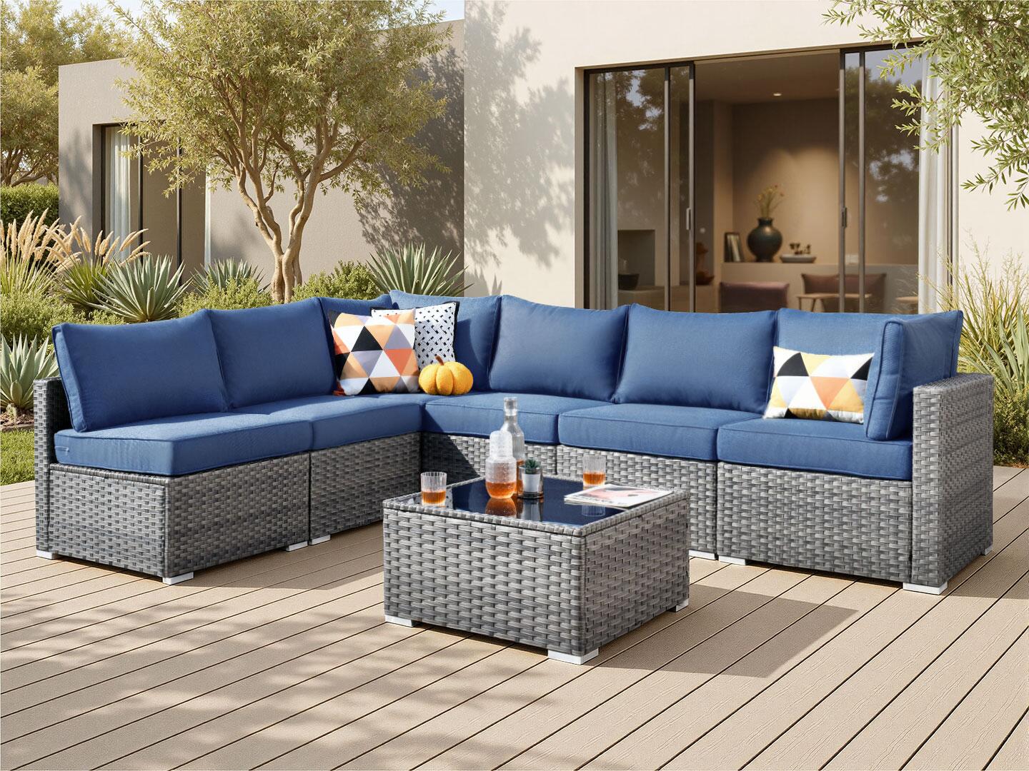 Noviland HOMLUX 7-Piece Outdoor Sectional Set with Coffee Table, Denim Blue, rollover