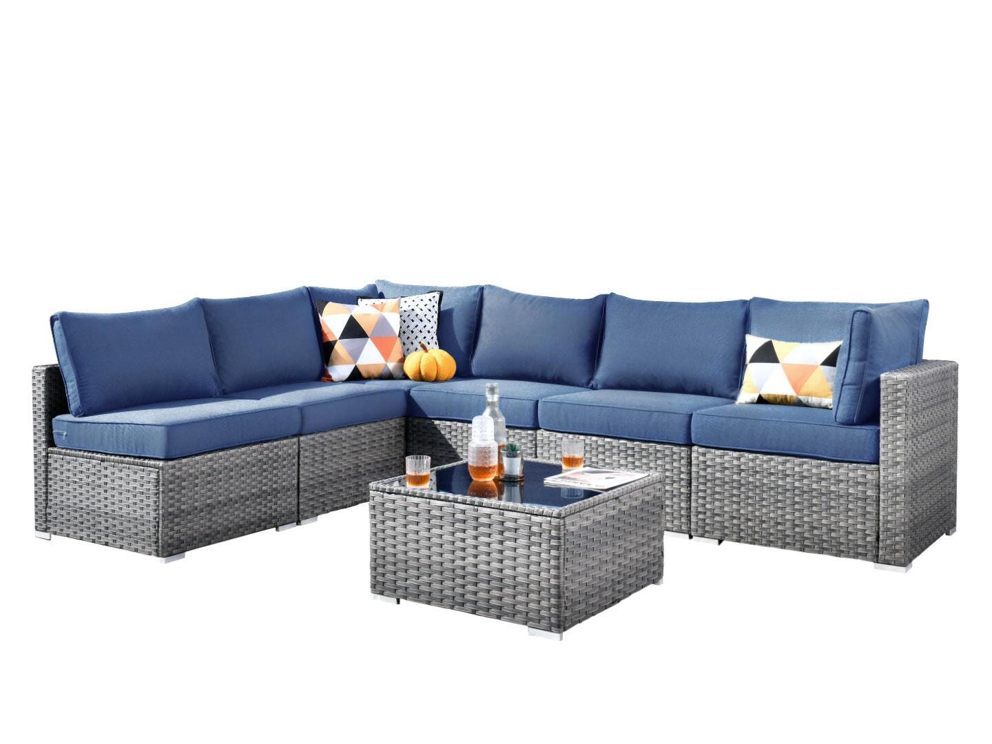Noviland HOMLUX 7-Piece Outdoor Sectional Set with Coffee Table, Denim Blue, large