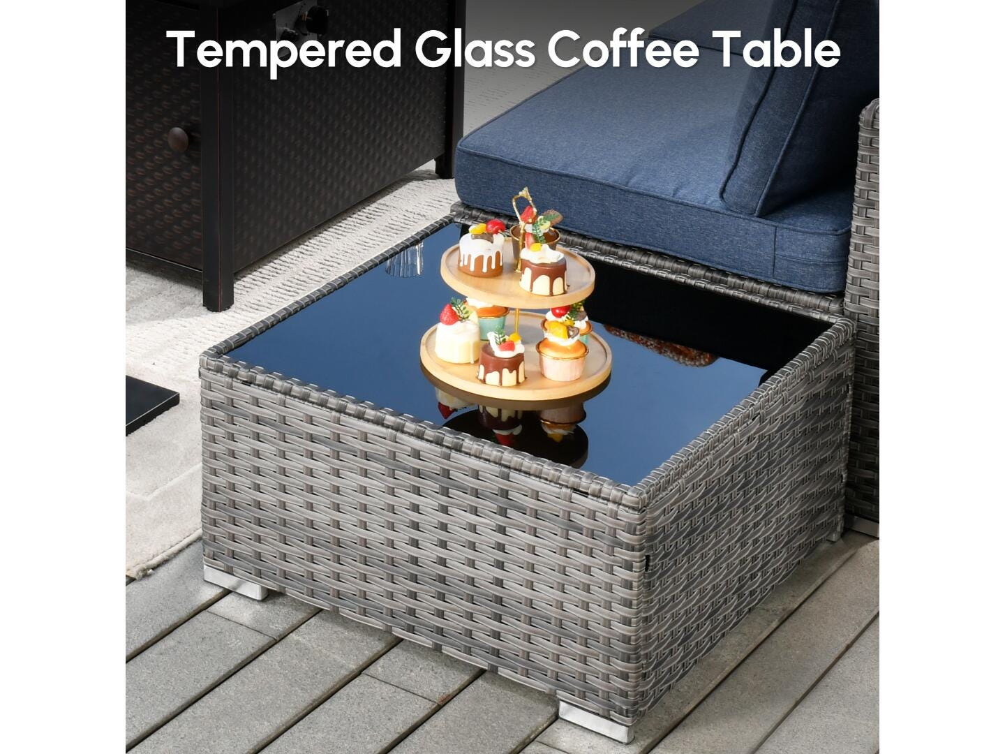 Noviland HOMLUX 7-Piece Outdoor Sectional Set with Coffee Table, Denim Blue, large