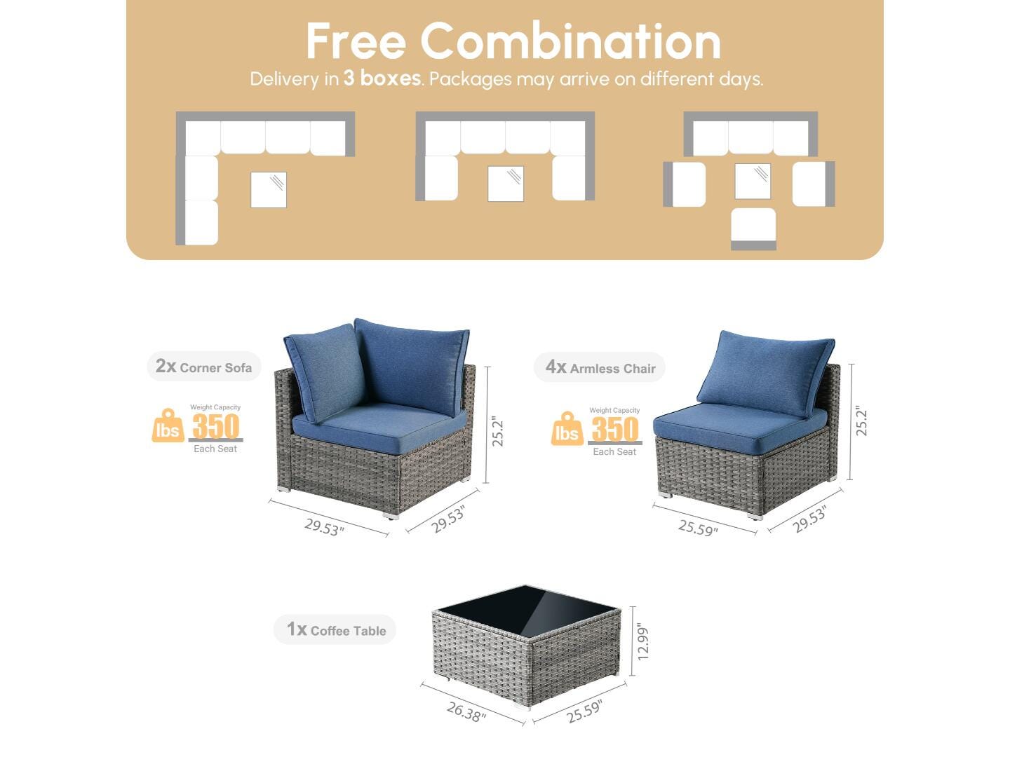 Noviland HOMLUX 7-Piece Outdoor Sectional Set with Coffee Table, Denim Blue, large