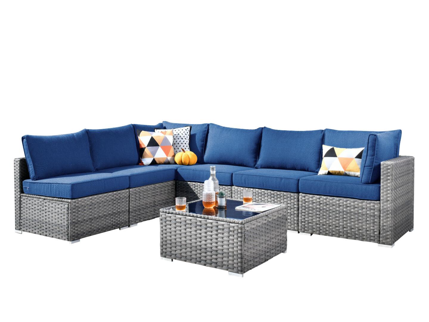 Noviland HOMLUX 7-Piece Outdoor Sectional Set with Coffee Table, Navy Blue, large