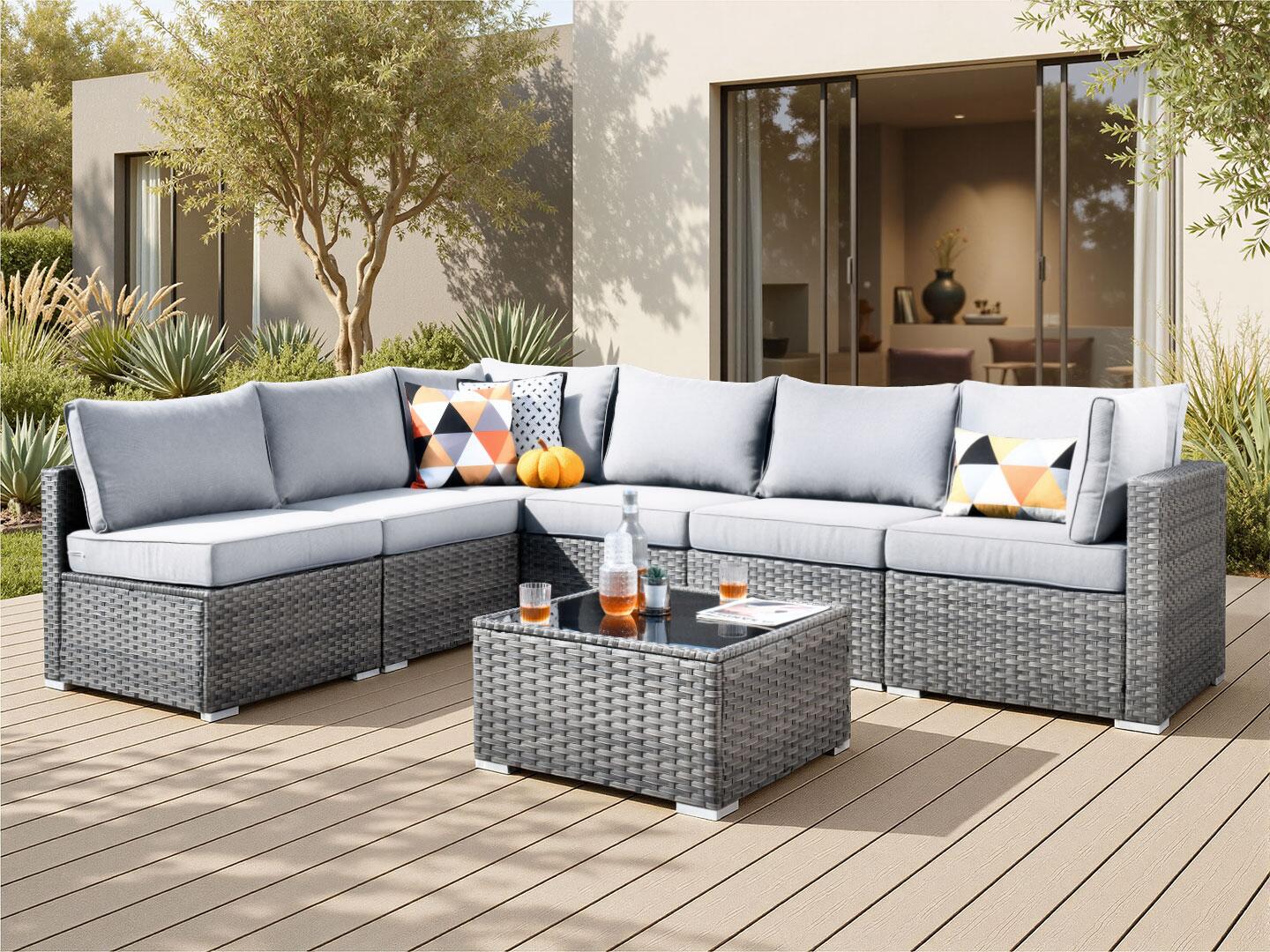 Noviland HOMLUX 7-Piece Outdoor Sectional Set with Coffee Table, Gray, rollover