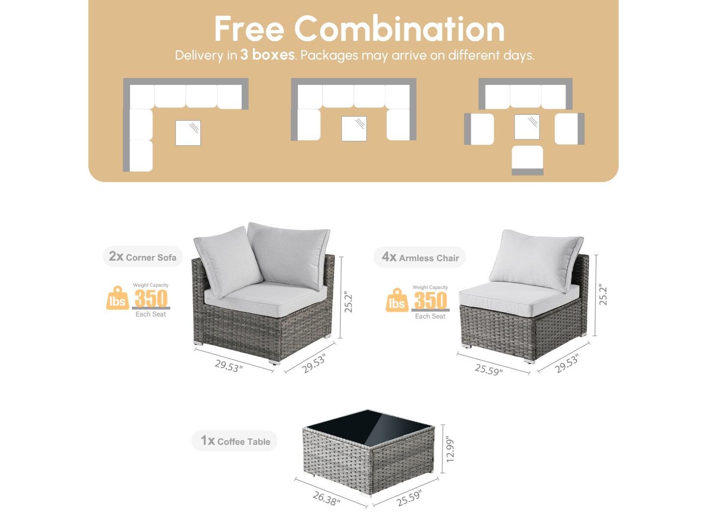 Noviland HOMLUX 7-Piece Outdoor Sectional Set with Coffee Table, Gray, large