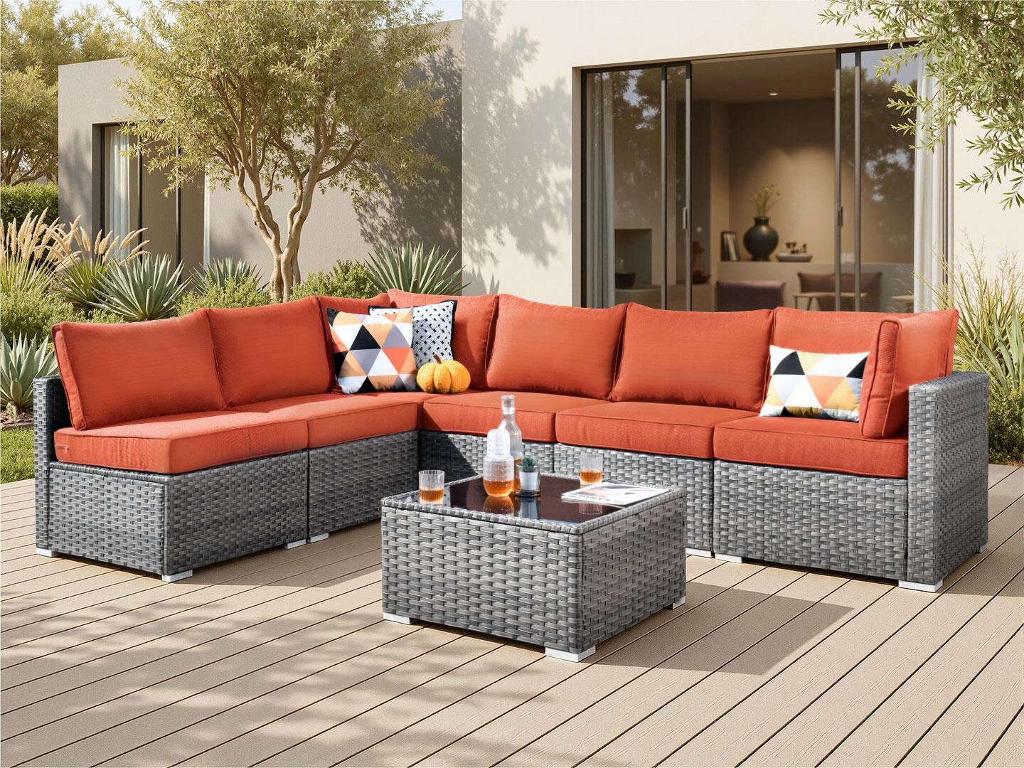 Noviland HOMLUX 7-Piece Outdoor Sectional Set with Coffee Table, Orange, rollover