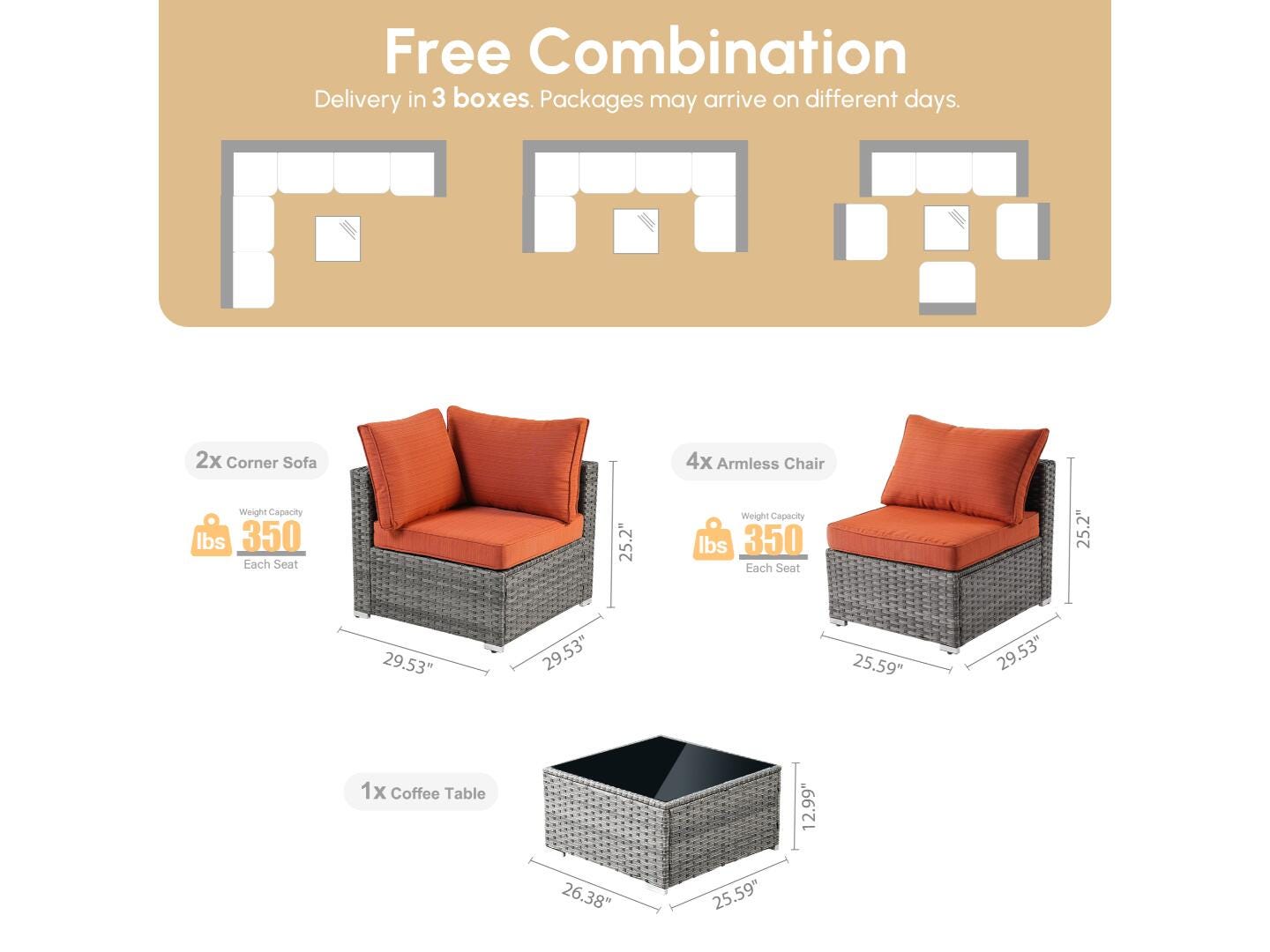 Noviland HOMLUX 7-Piece Outdoor Sectional Set with Coffee Table, Orange, large