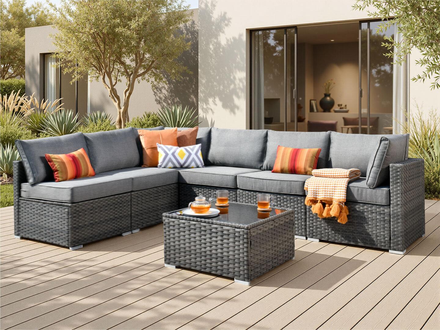 Noviland HOMLUX 7-Piece Outdoor Sectional Set with Coffee Table, Light Gray, large