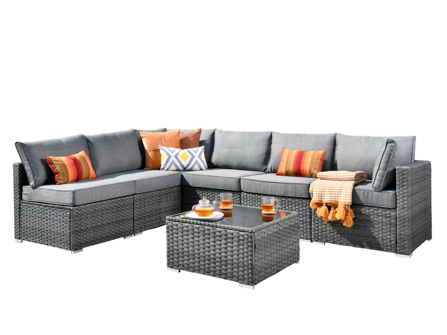 Noviland HOMLUX 7-Piece Outdoor Sectional Set with Coffee Table, Light Gray, large