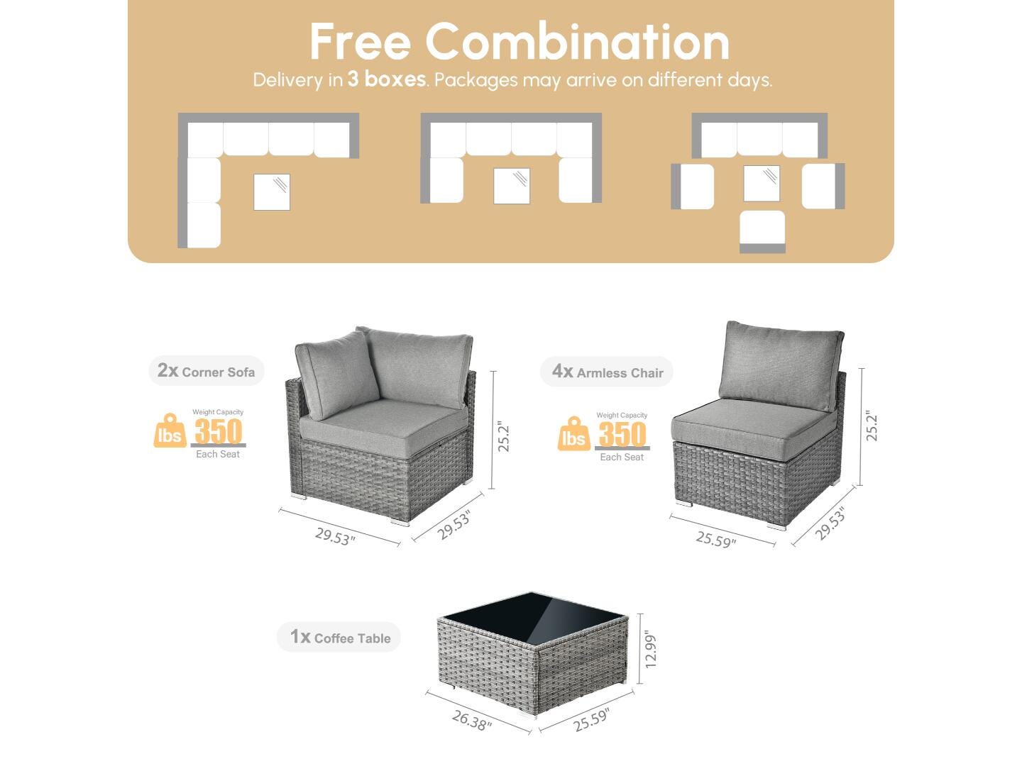 Noviland HOMLUX 7-Piece Outdoor Sectional Set with Coffee Table, Light Gray, large