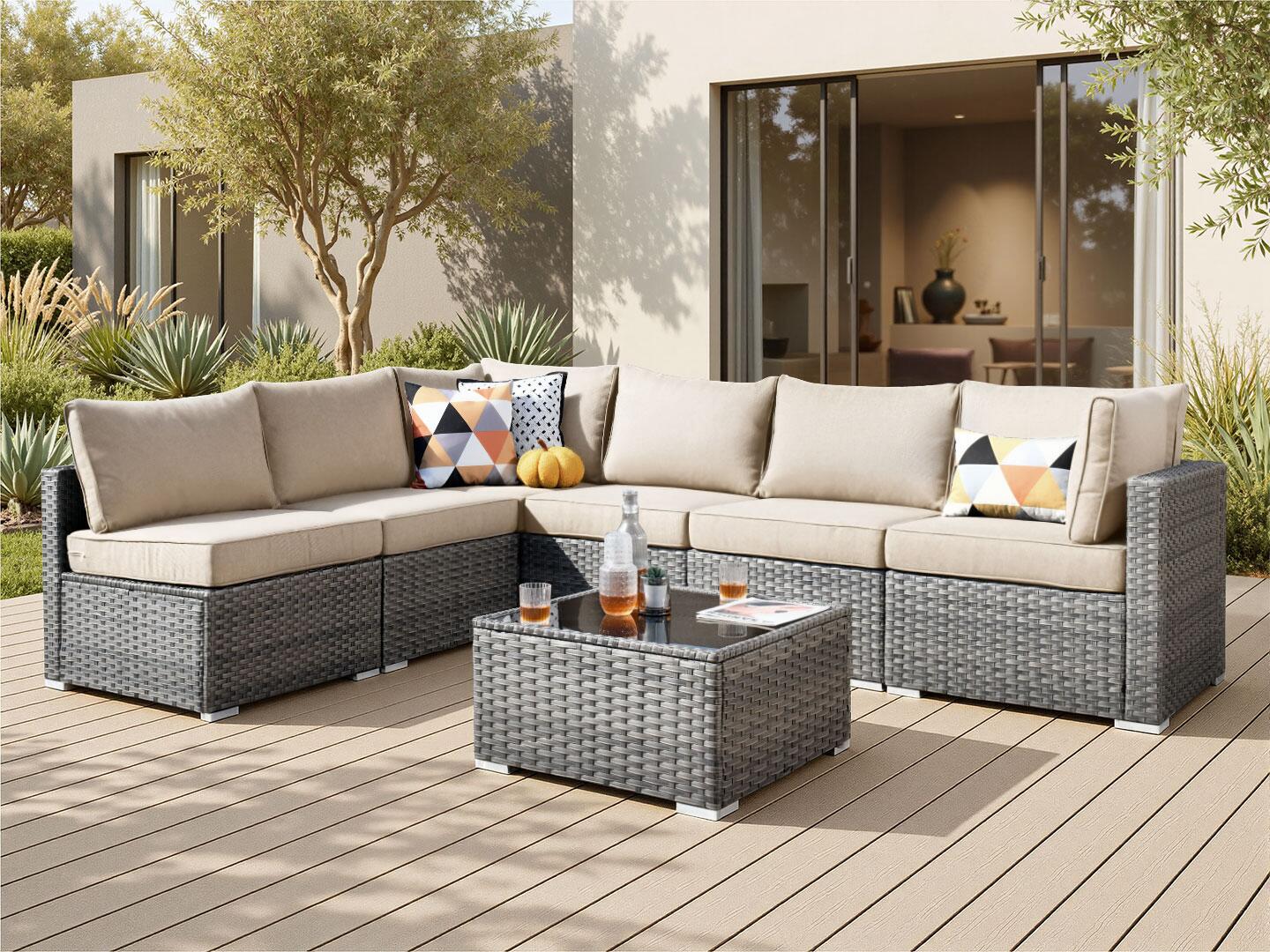 Noviland HOMLUX 7-Piece Outdoor Sectional Set with Coffee Table, Beige, rollover
