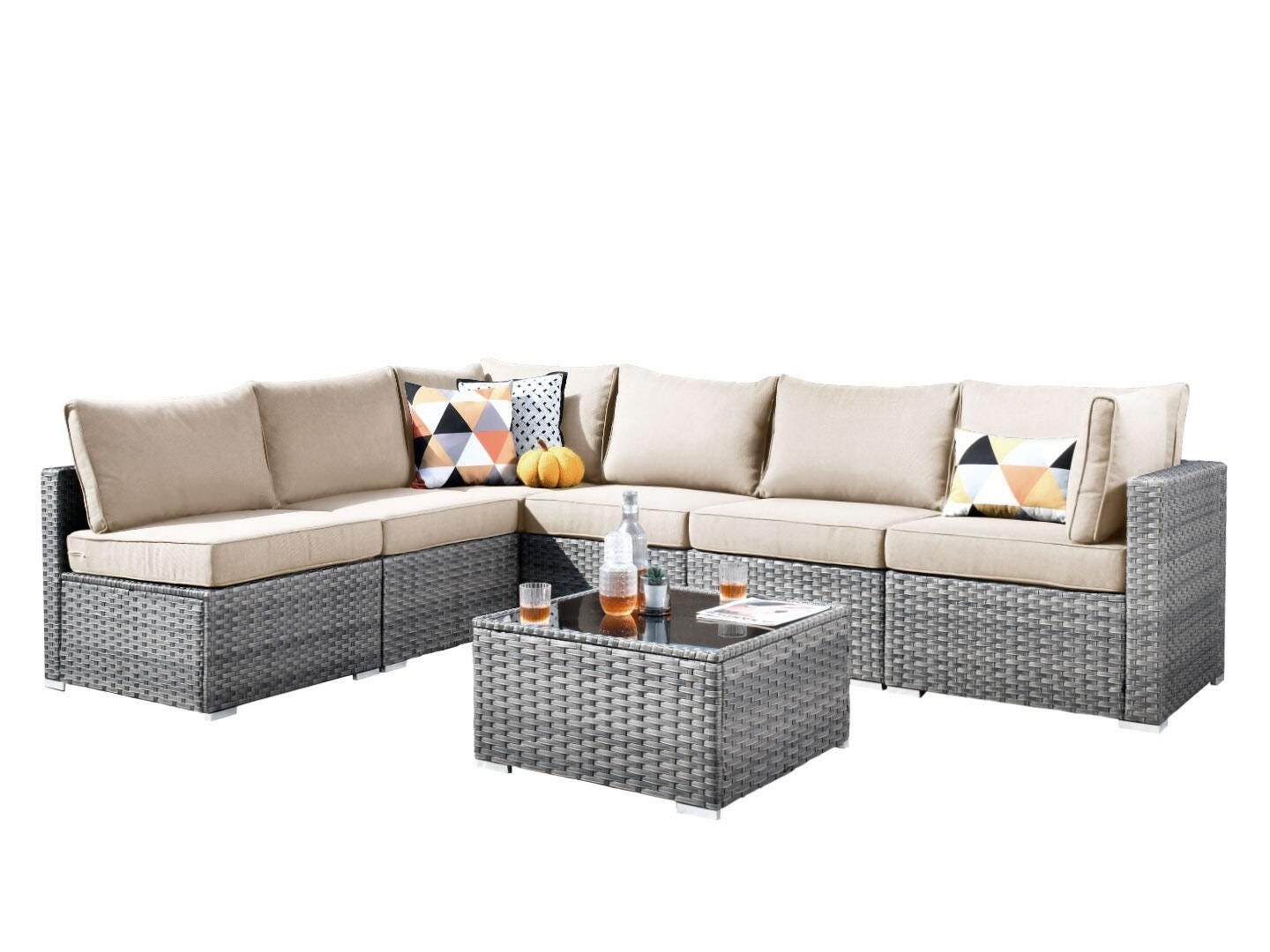 Noviland HOMLUX 7-Piece Outdoor Sectional Set with Coffee Table, Beige, large