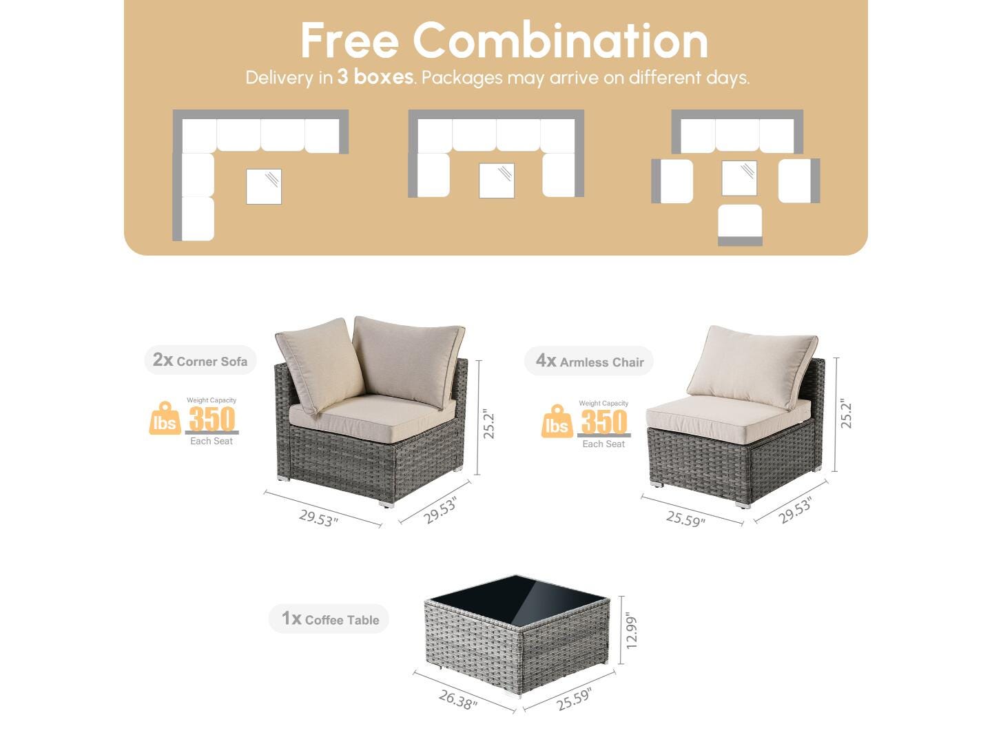 Noviland HOMLUX 7-Piece Outdoor Sectional Set with Coffee Table, Beige, large