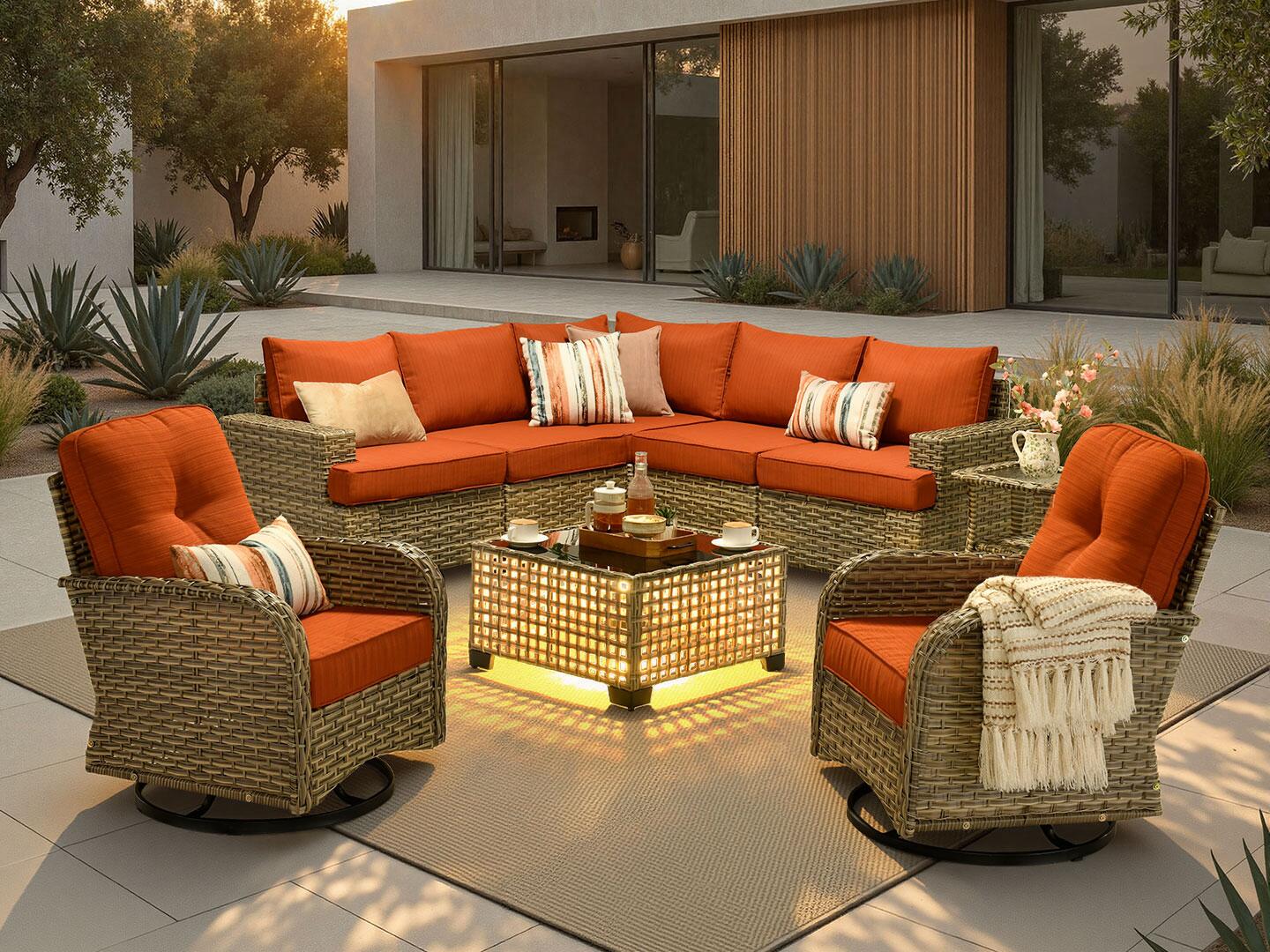 Noviland HOMLUX Outdoor Conversation Set with Coffee Table, Orange, rollover