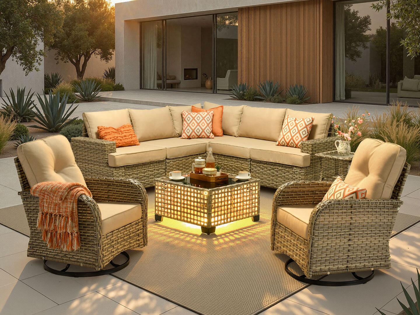 Noviland HOMLUX Outdoor Conversation Set with Coffee Table, Beige, rollover
